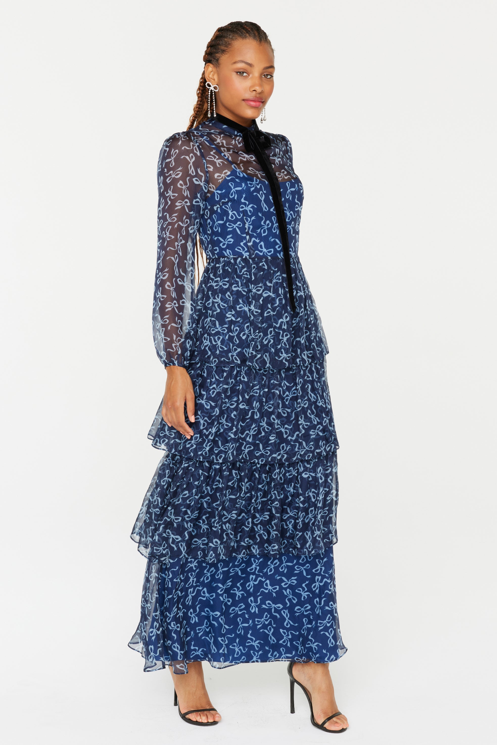 Amelia Silk Chiffon Dress - Blue Bow 4 / Blue Bow Amelia Silk Chiffon Dress - Blue Bow 4 / Blue Bow