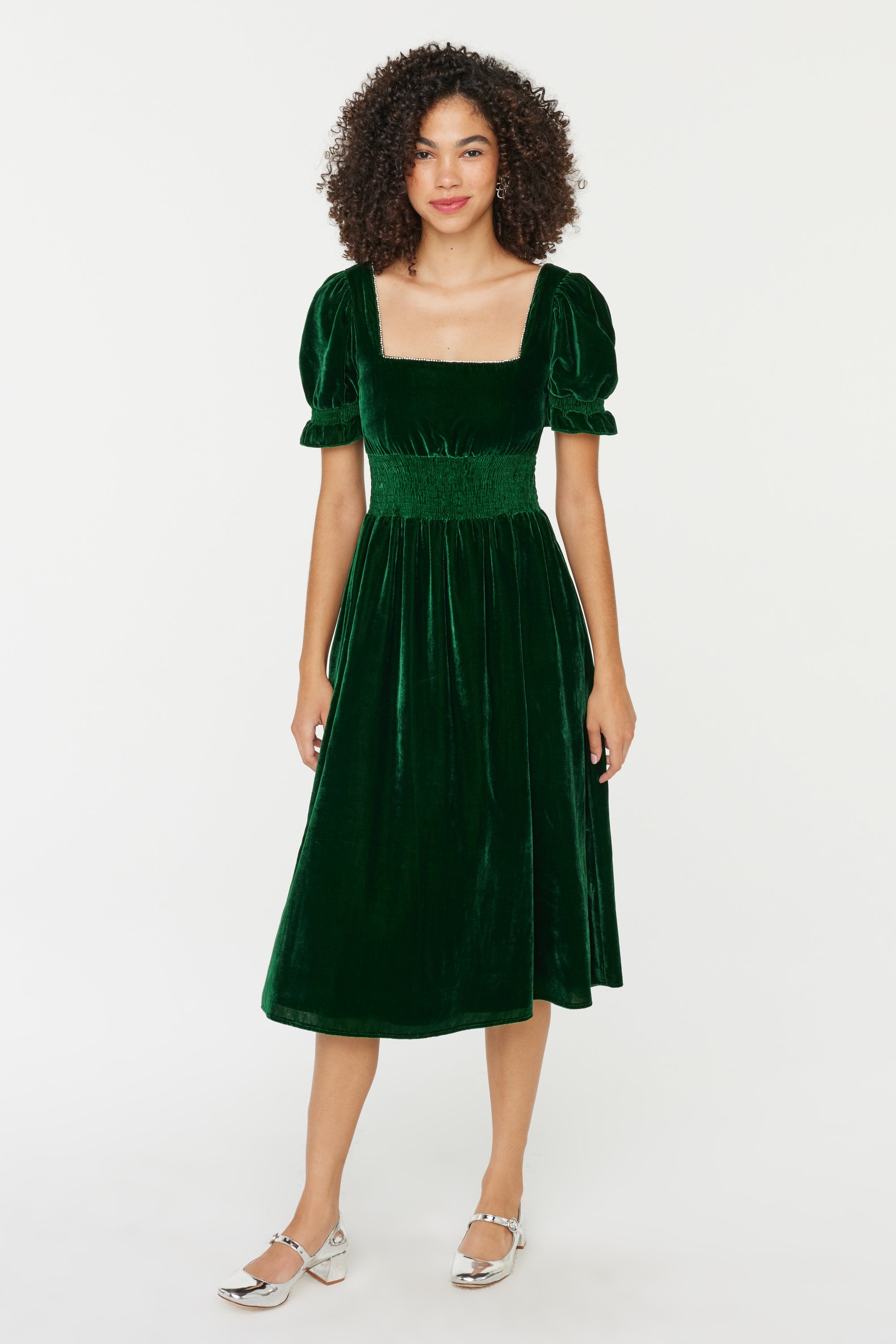 Smocked Holland Dress w. Rhinestone - Dark Green Velvet 2 / Dark Green Velvet Smocked Holland Dress w. Rhinestone - Dark Green Velvet 2 / Dark Green Velvet