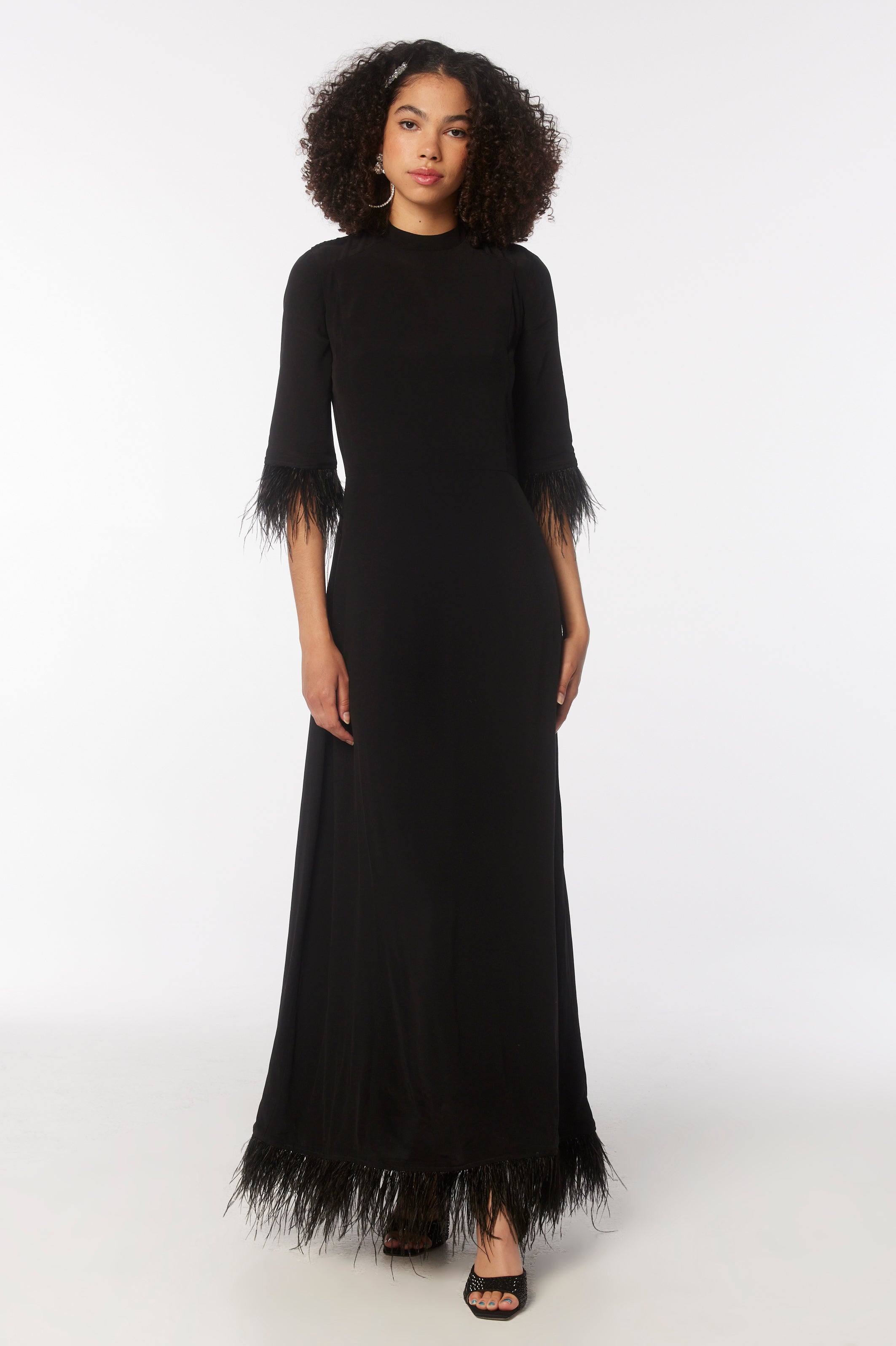 Long Ashley Dress W. Feather Trim - Black 2 / Black Long Ashley Dress W. Feather Trim - Black 2 / Black
