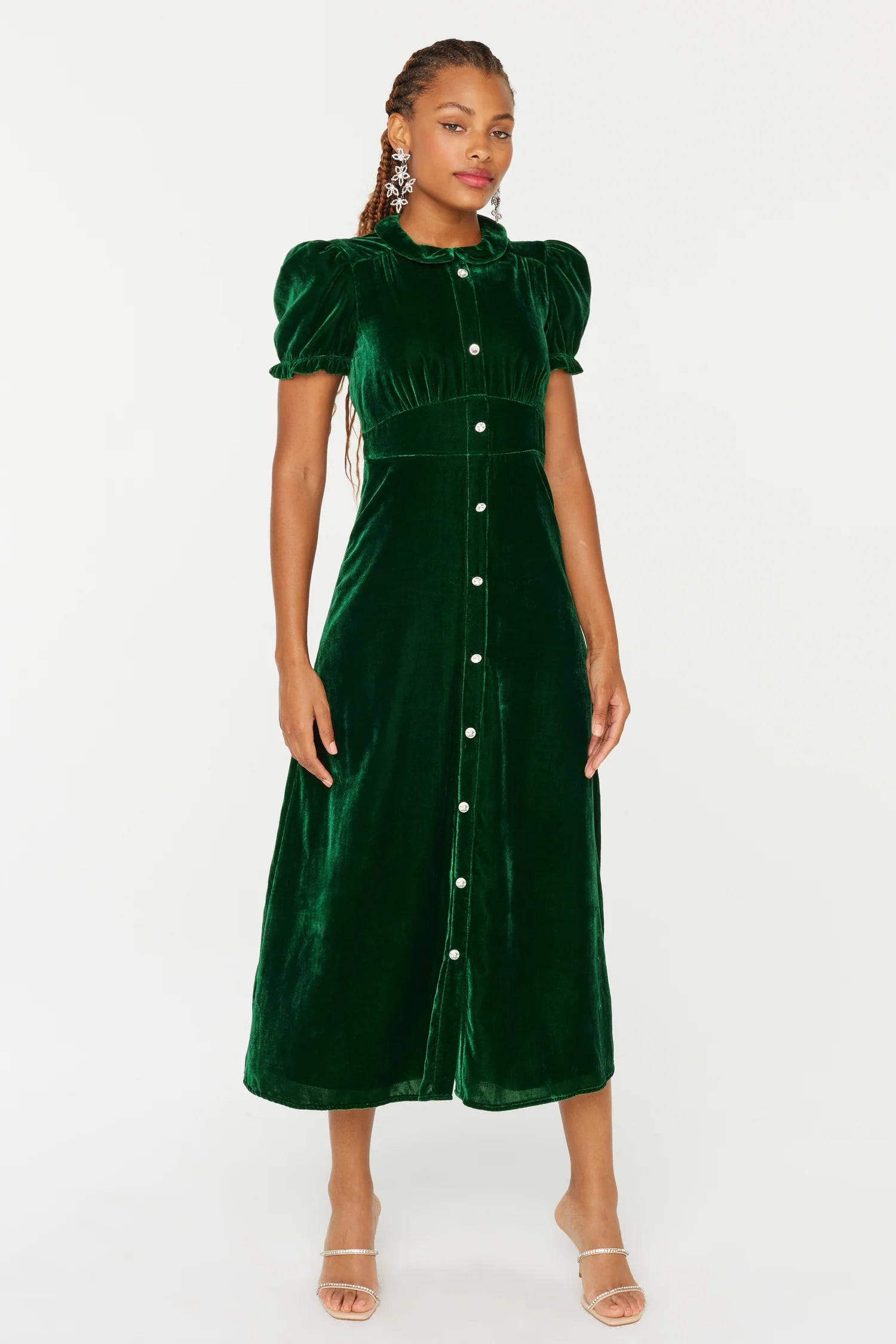 Velvet Riley Dress w. Collar - Green w. Crystal Buttons 10 / Green Velvet Riley Dress w. Collar - Green w. Crystal Buttons 10 / Green
