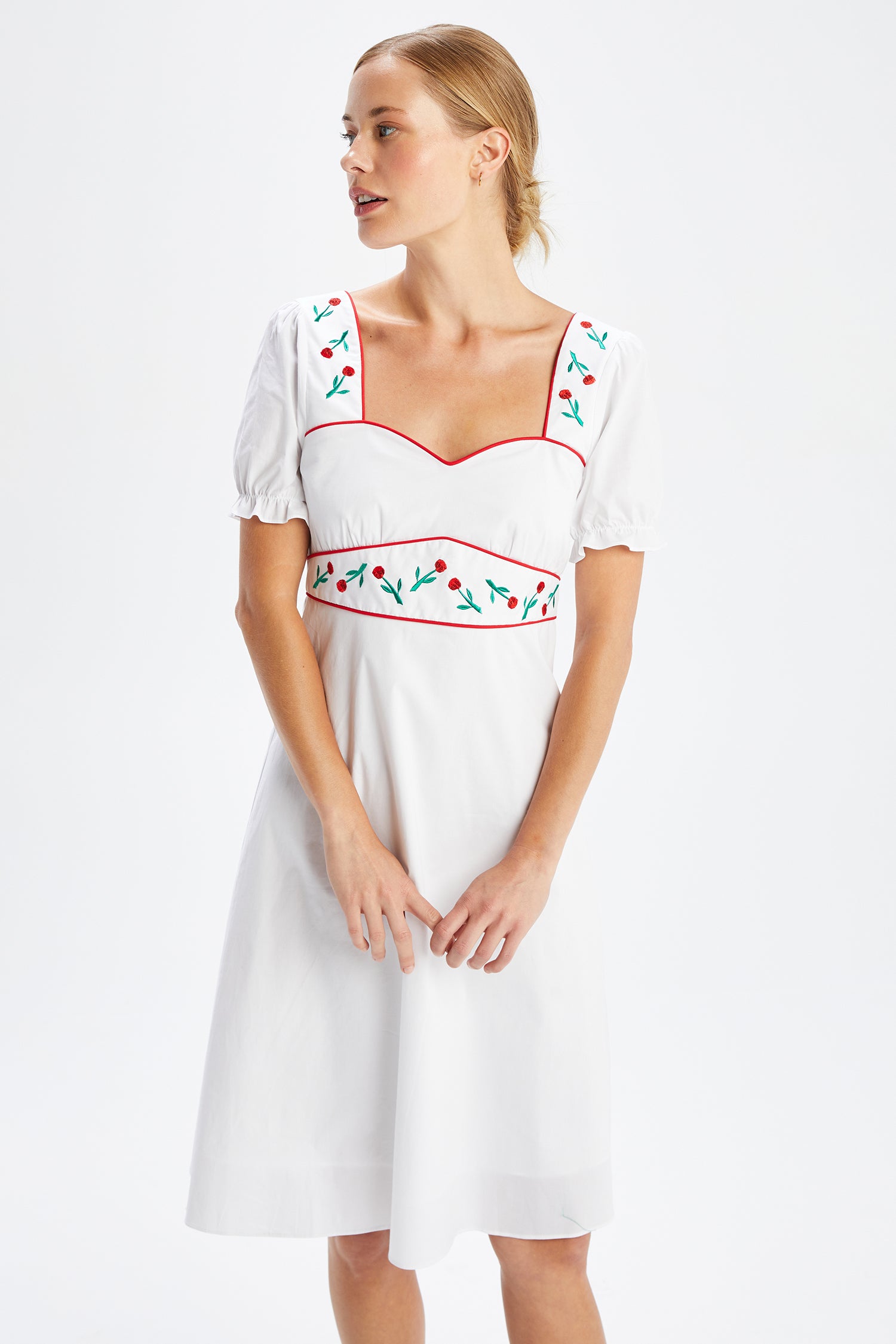 A model wears the Zoey Embroidered Sweetheart Dress