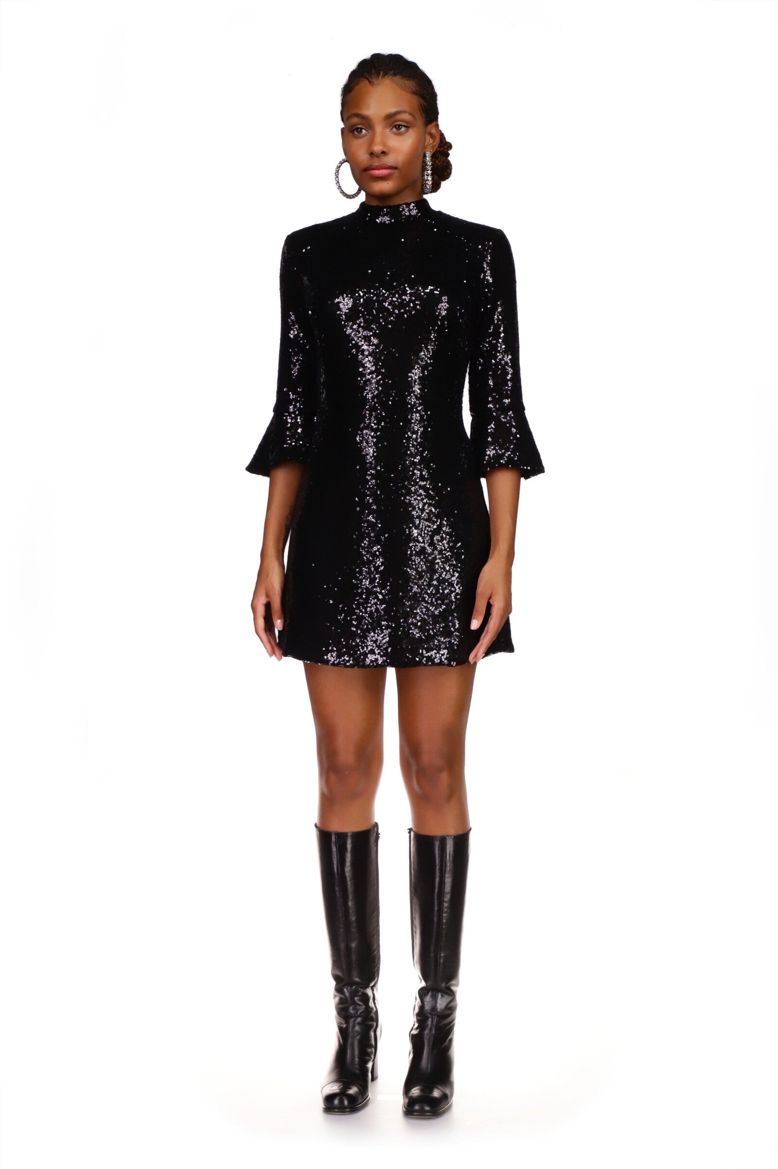 knee length dresses for ladies Black Sequin Lace Mini Dress