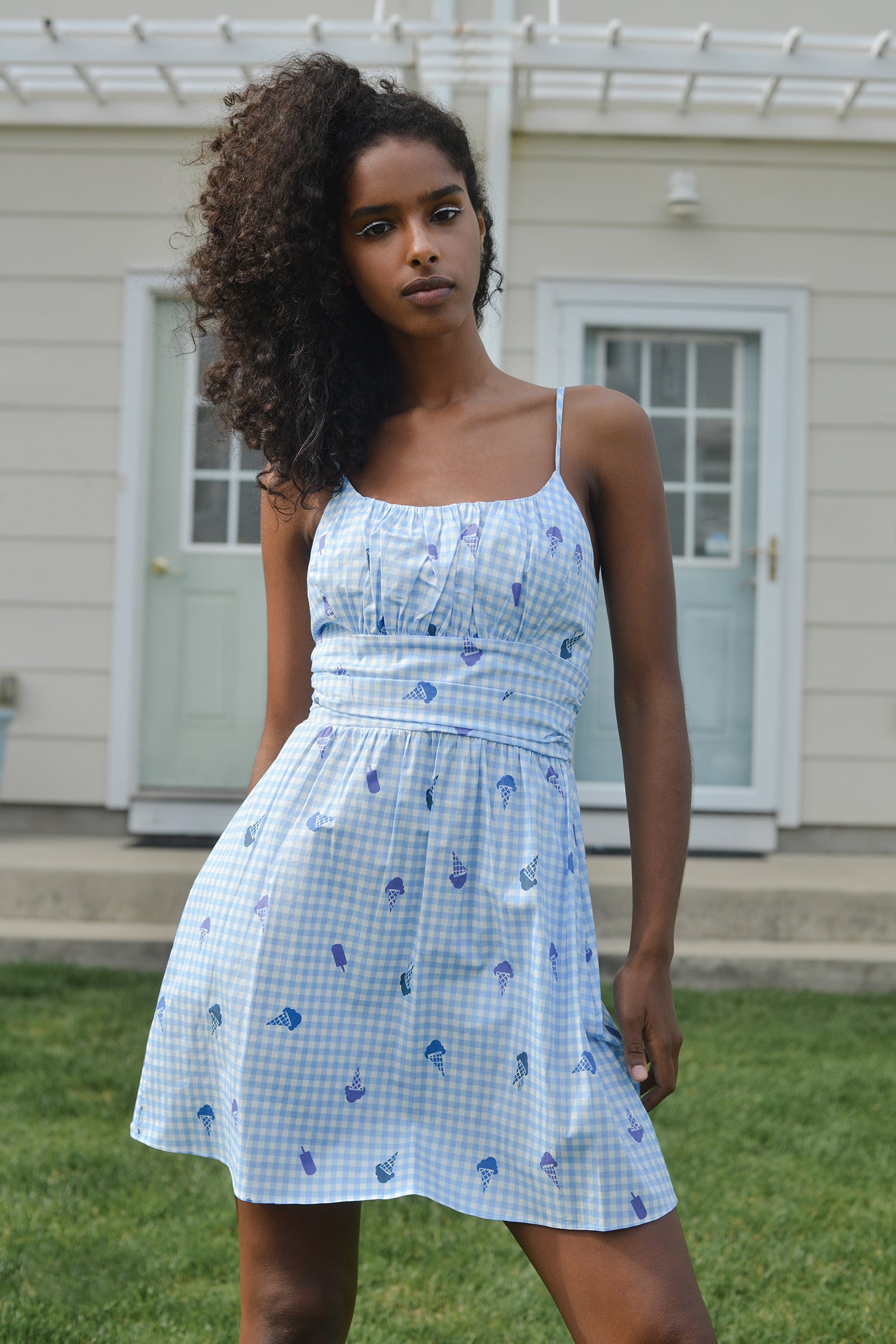 Mini Lucy Strappy Cotton Ruched Dress - Blue Gingham w Ice Cream – HVN