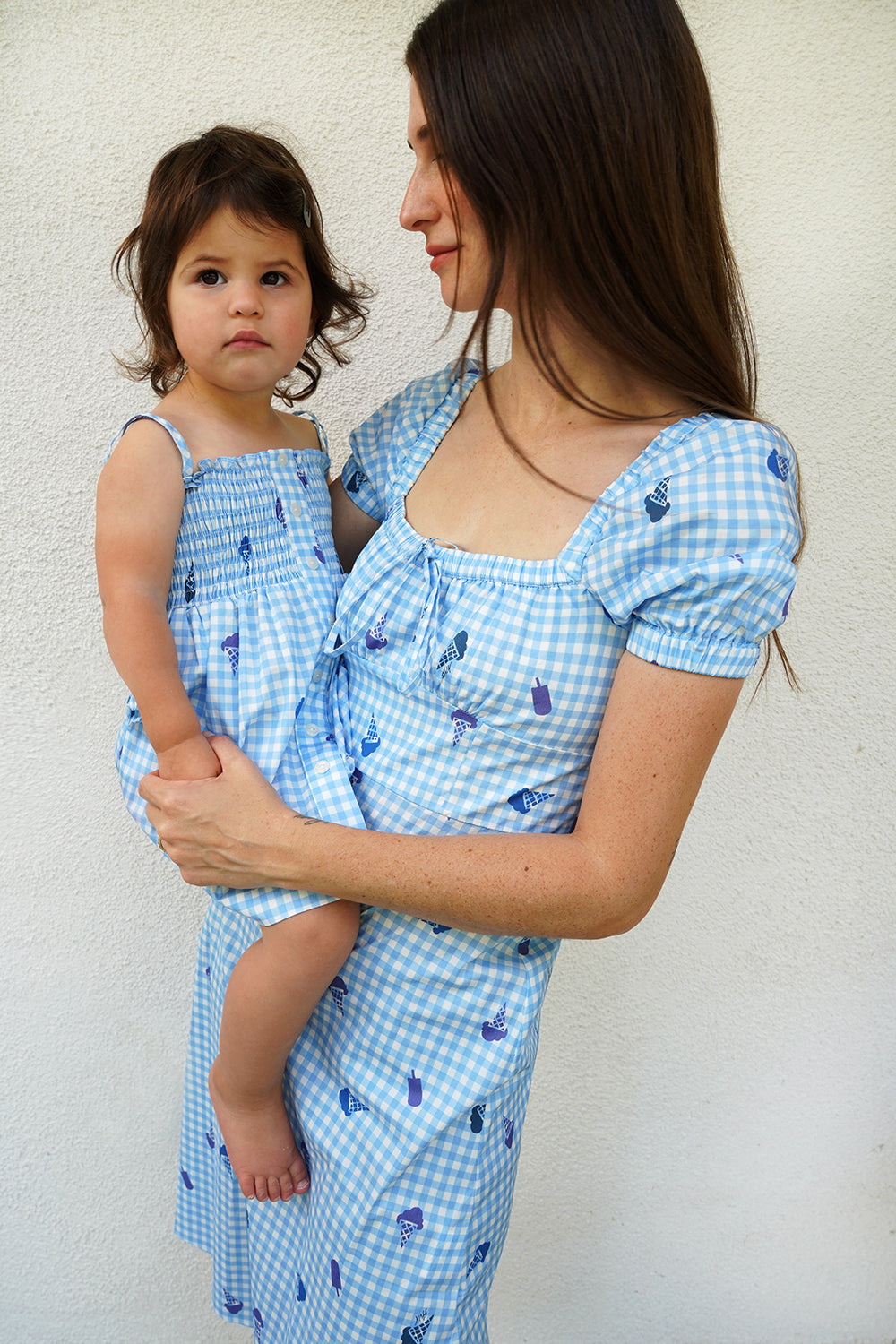 HVN Laura Cotton Dress - Blue Gingham W. Ice Cream 6-12, 100% Silk Maria Dress, Button Down Silk Dress, Floral, Printed, Light Summer Dress - Harley HVN Laura Cotton Dress - Blue Gingham W. Ice Cream 6-12, 100% Silk Maria Dress, Button Down Silk Dress, Floral, Printed, Light Summer Dress - Harley