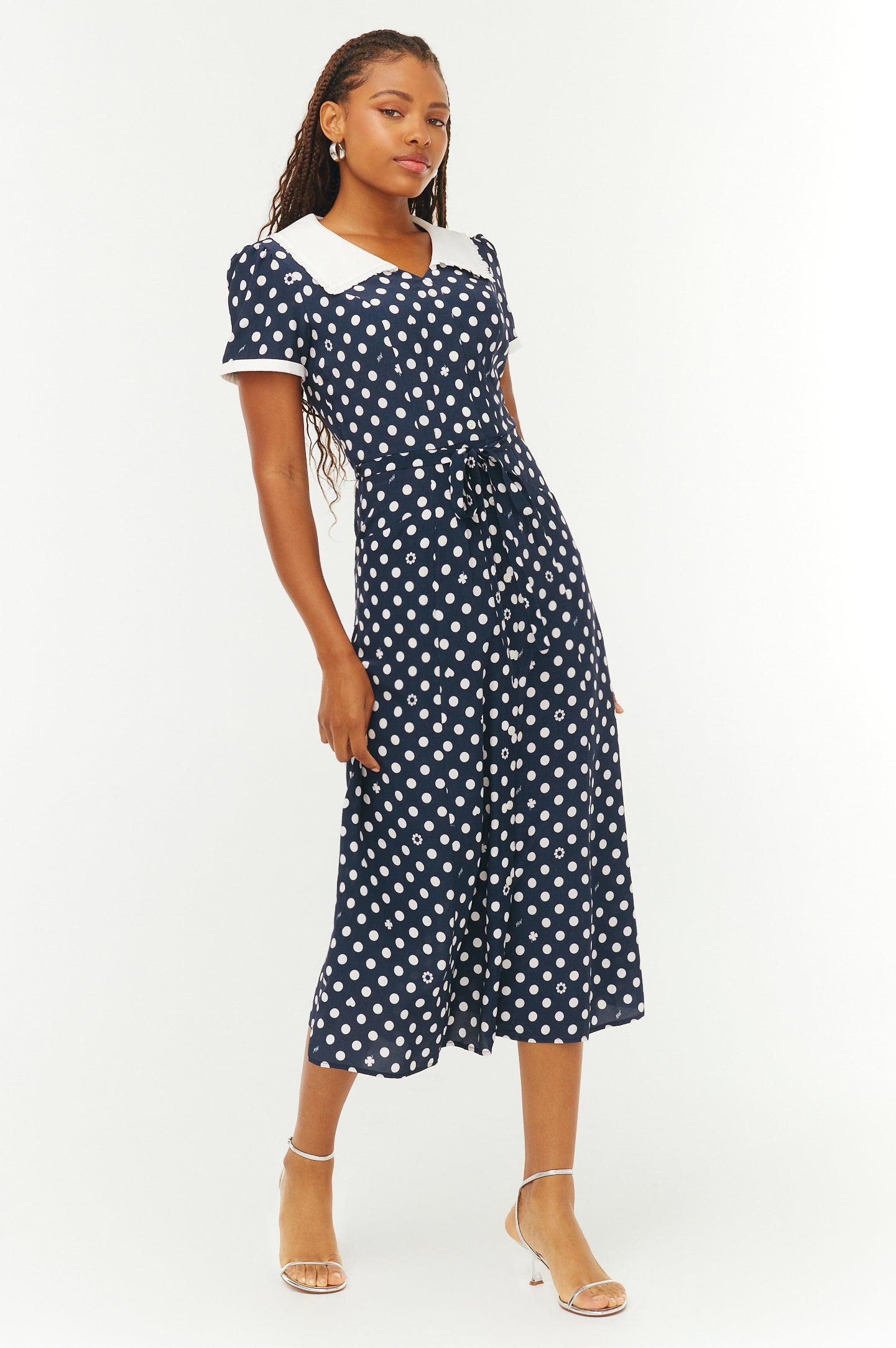 navy blue and white polka dot dress Embroidered Marina Collar Dress