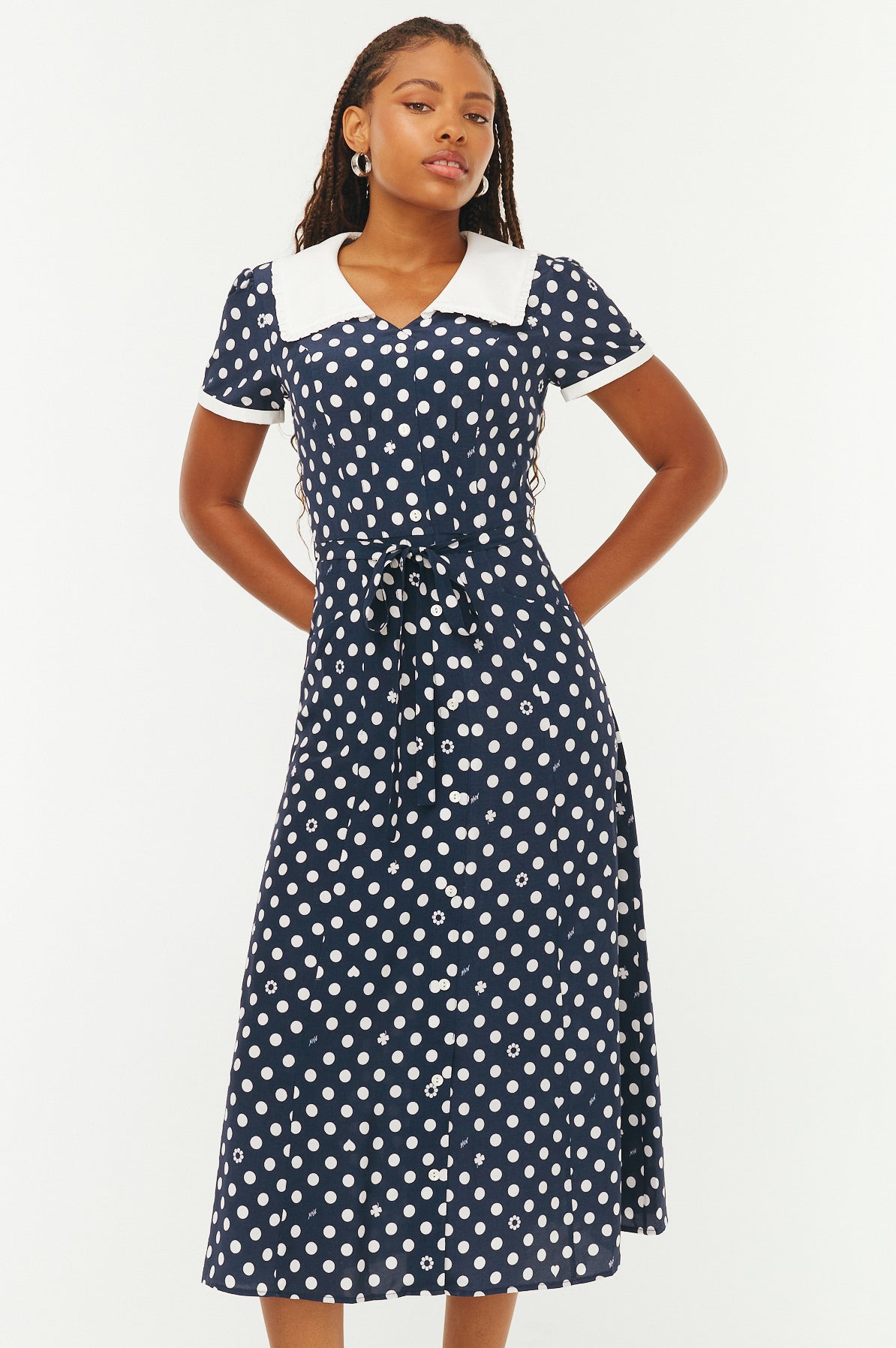 Embroidered Marina Collar Dress - Navy Polka Dot Charm HVN Embroidered Marina Collar Dress - Navy Polka Dot Charm HVN