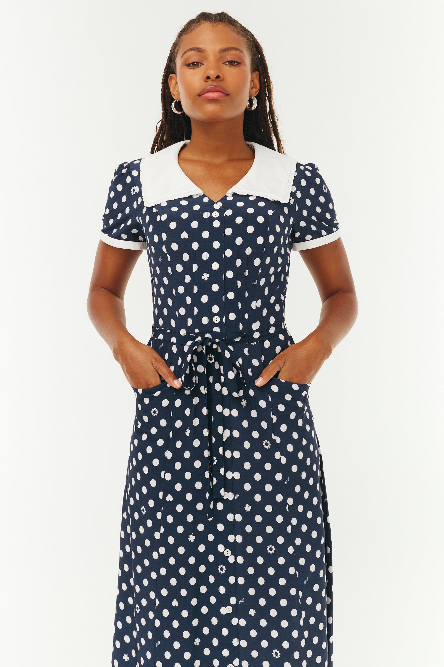 navy blue and white polka dot dress Embroidered Marina Collar Dress