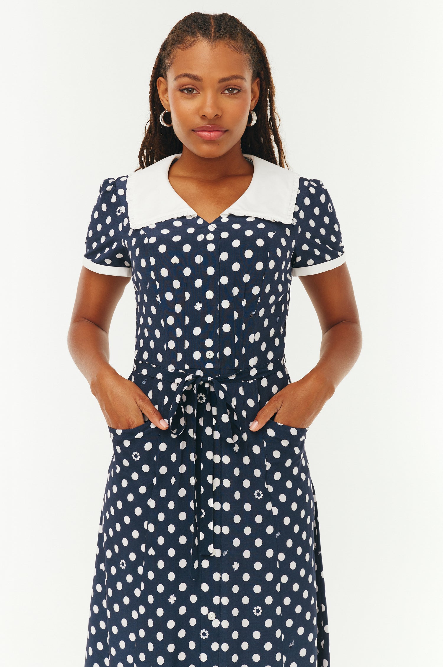 Embroidered Marina Collar Dress - Navy Polka Dot Charm HVN Embroidered Marina Collar Dress - Navy Polka Dot Charm HVN