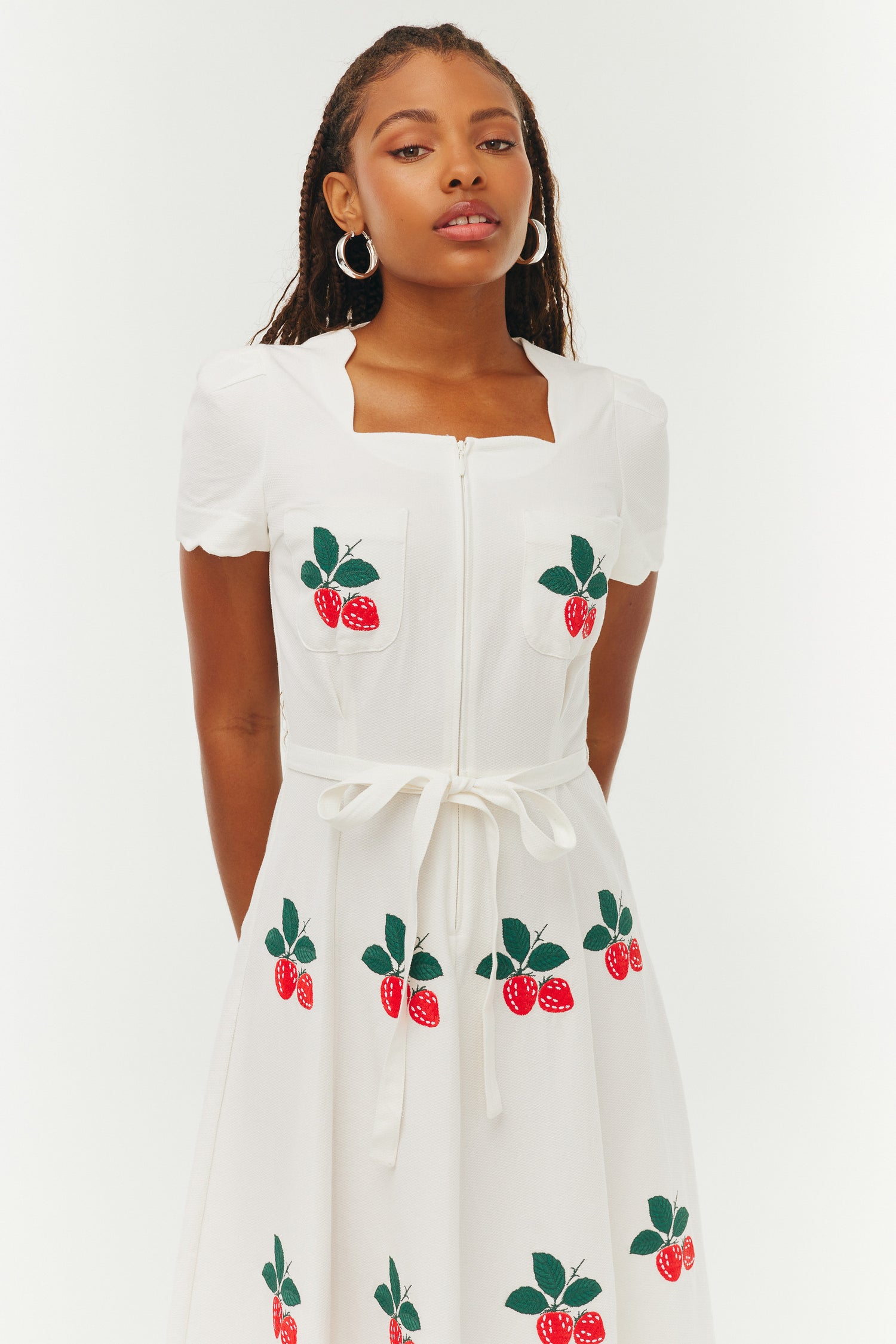 white dress with red flowers Red Flower Intricate White Lace V-neck Long Formal Dress