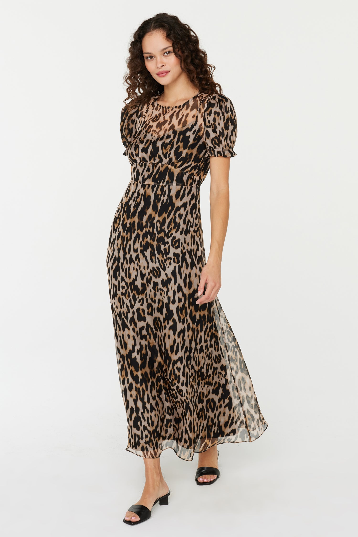 chiffon leopard dress Sheer Ruched Chiffon Maxi Dress- Leopard Print
