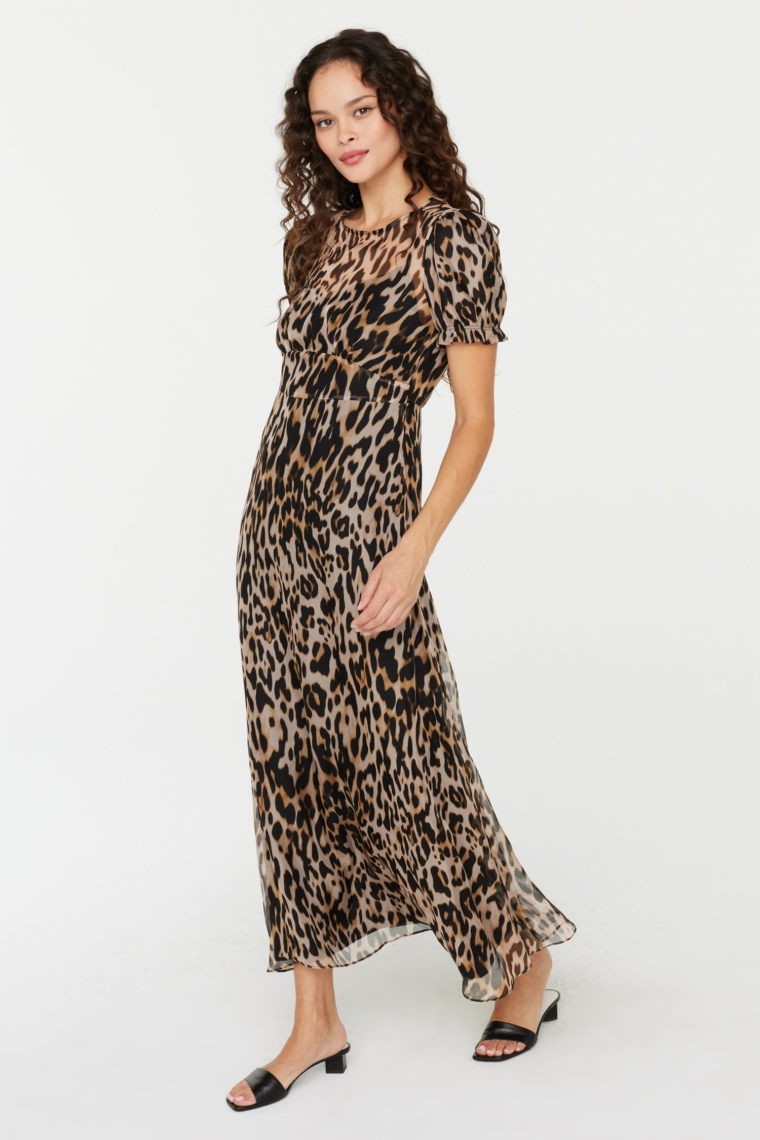 animal print chiffon dress boohoo Women's Leopard Chiffon Ruffle Maxi Dress in Brown