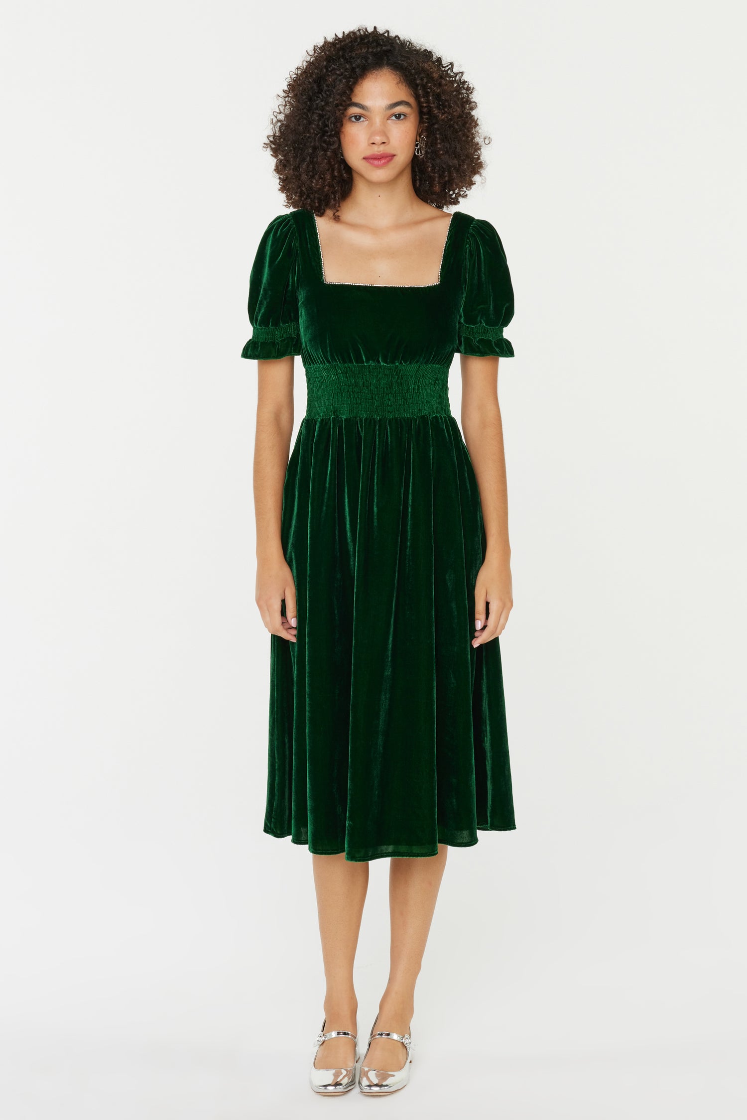Smocked Holland Dress W. Rhinestone - Dark Green Velvet 2 / Dark Green Velvet Smocked Holland Dress W. Rhinestone - Dark Green Velvet 2 / Dark Green Velvet