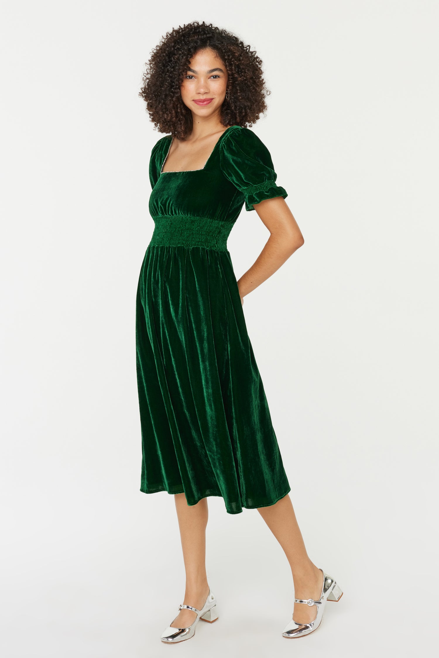 Smocked Holland Dress w. Rhinestone - Dark Green Velvet 2 / Dark Green Velvet Smocked Holland Dress w. Rhinestone - Dark Green Velvet 2 / Dark Green Velvet