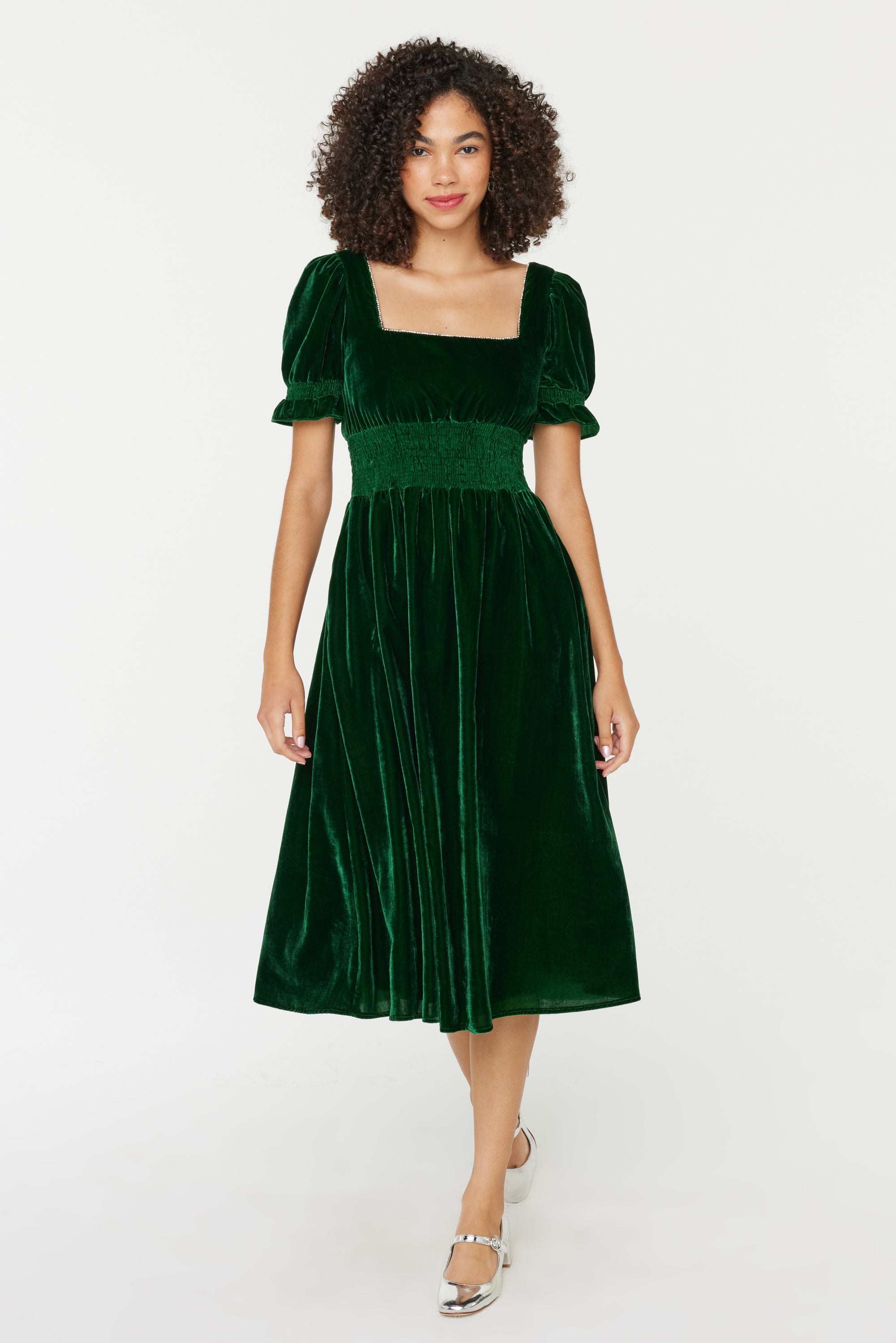 Smocked Holland Dress w. Rhinestone - Dark Green Velvet – HVN