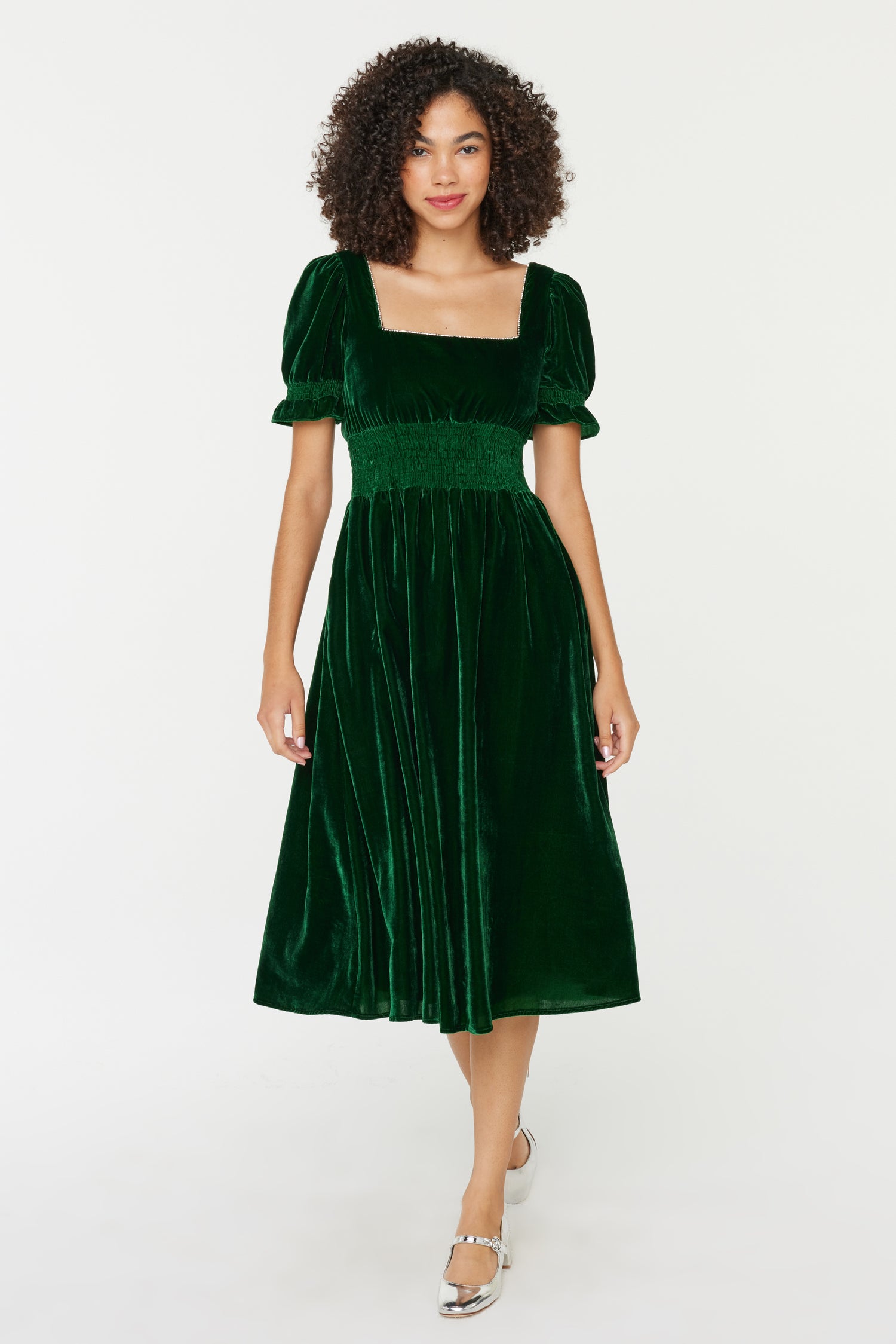 Smocked Holland Dress w. Rhinestone - Dark Green Velvet 2 / Dark Green Velvet Smocked Holland Dress w. Rhinestone - Dark Green Velvet 2 / Dark Green Velvet