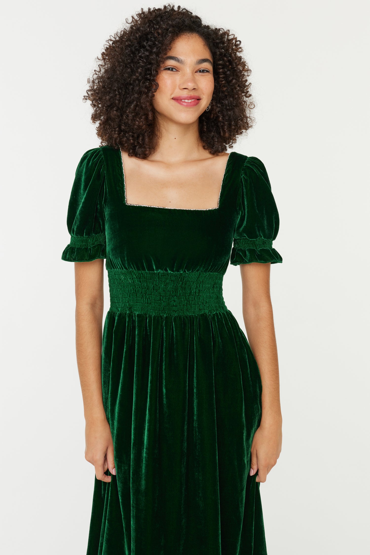 Smocked Holland Dress w. Rhinestone - Dark Green Velvet 2 / Dark Green Velvet Smocked Holland Dress w. Rhinestone - Dark Green Velvet 2 / Dark Green Velvet