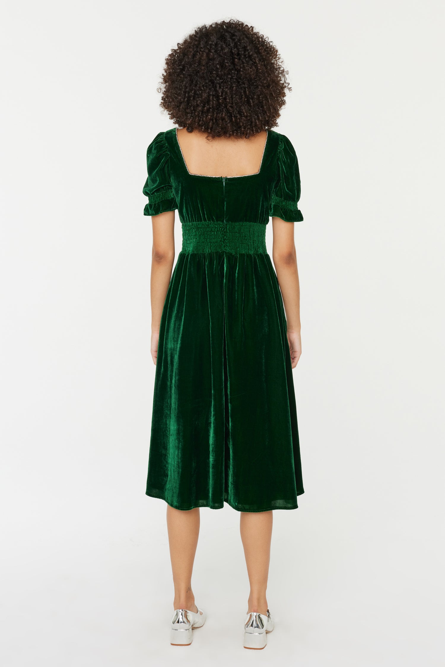 Smocked Holland Dress w. Rhinestone - Dark Green Velvet 2 / Dark Green Velvet Smocked Holland Dress w. Rhinestone - Dark Green Velvet 2 / Dark Green Velvet