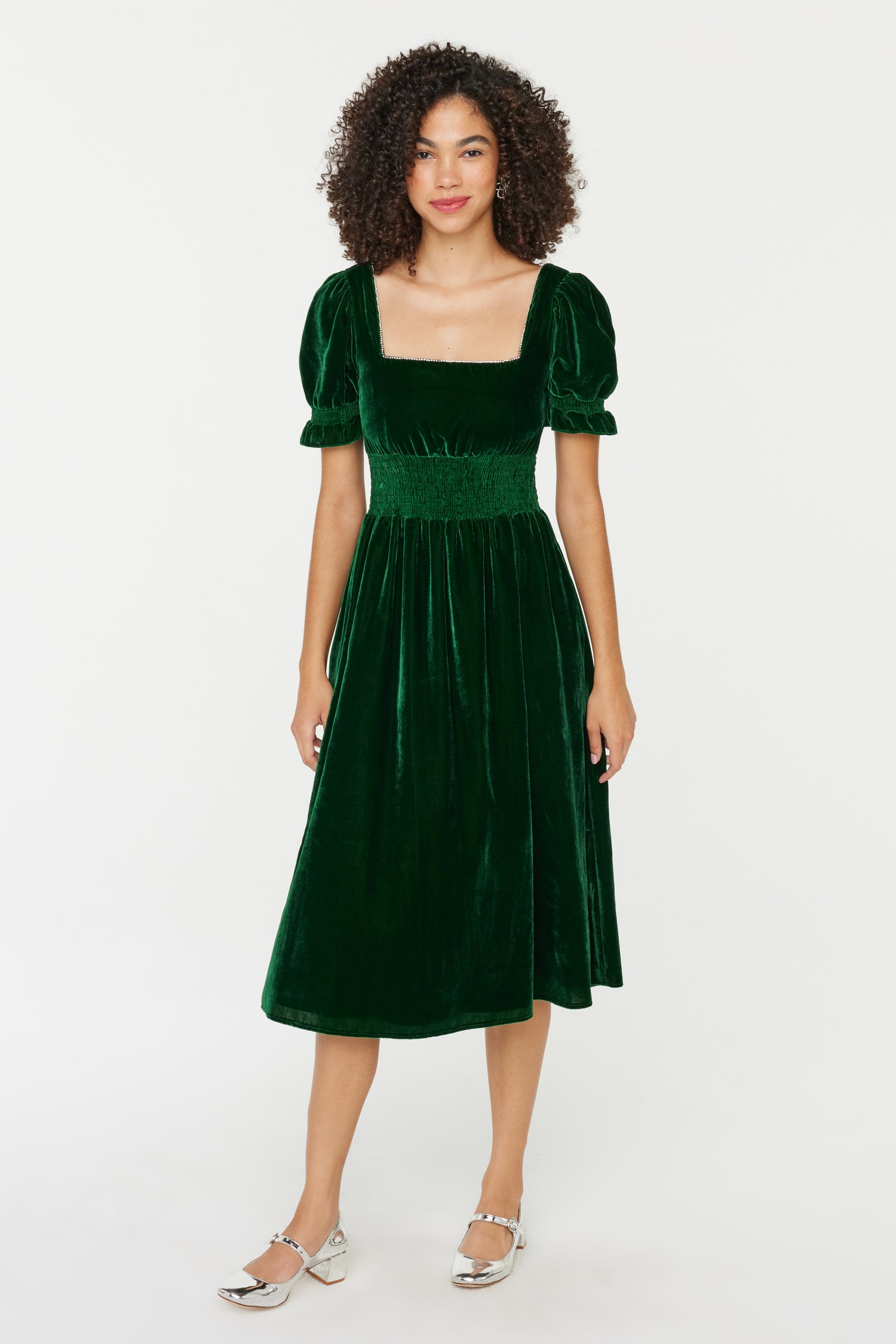 Smocked Holland Dress W. Rhinestone - Dark Green Velvet 2 / Dark Green Velvet Smocked Holland Dress W. Rhinestone - Dark Green Velvet 2 / Dark Green Velvet