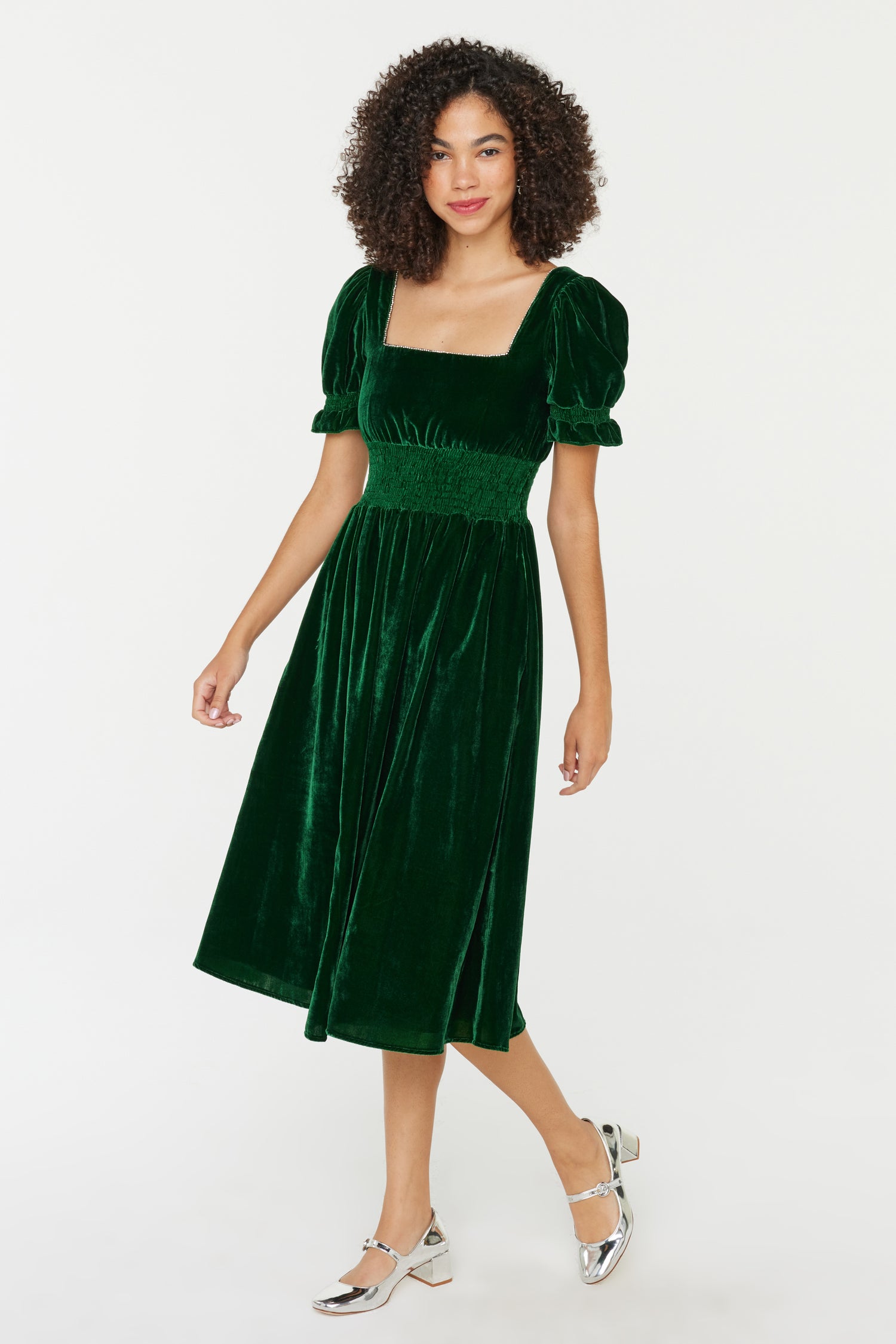 Smocked Holland Dress w. Rhinestone - Dark Green Velvet 2 / Dark Green Velvet Smocked Holland Dress w. Rhinestone - Dark Green Velvet 2 / Dark Green Velvet