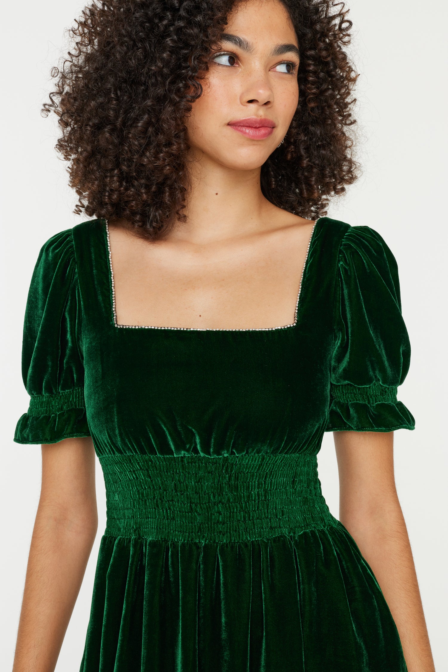 Smocked Holland Dress w. Rhinestone - Dark Green Velvet 2 / Dark Green Velvet Smocked Holland Dress w. Rhinestone - Dark Green Velvet 2 / Dark Green Velvet