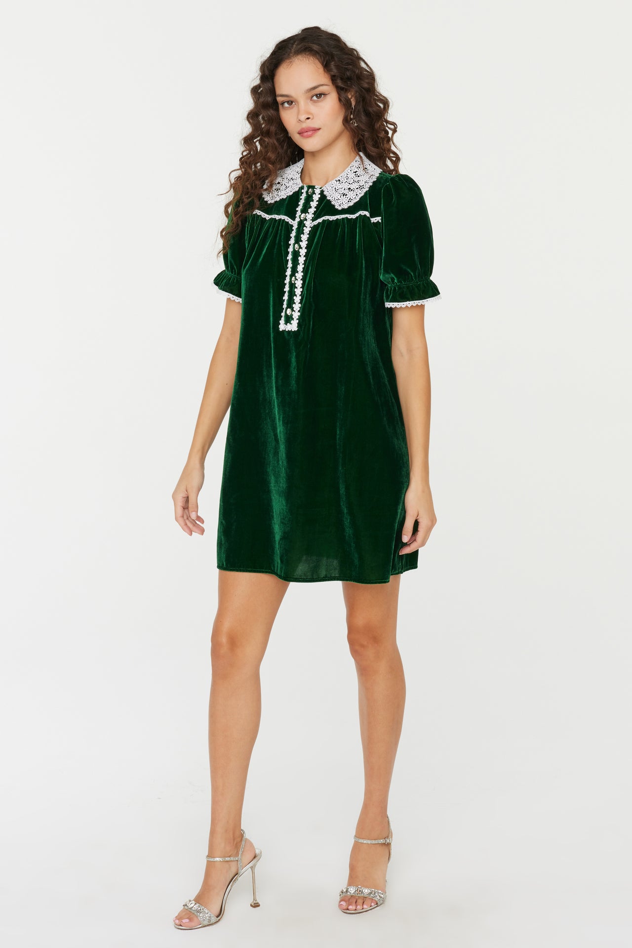 Silk Velvet Marie Mini Baby Doll Dress Green HVN