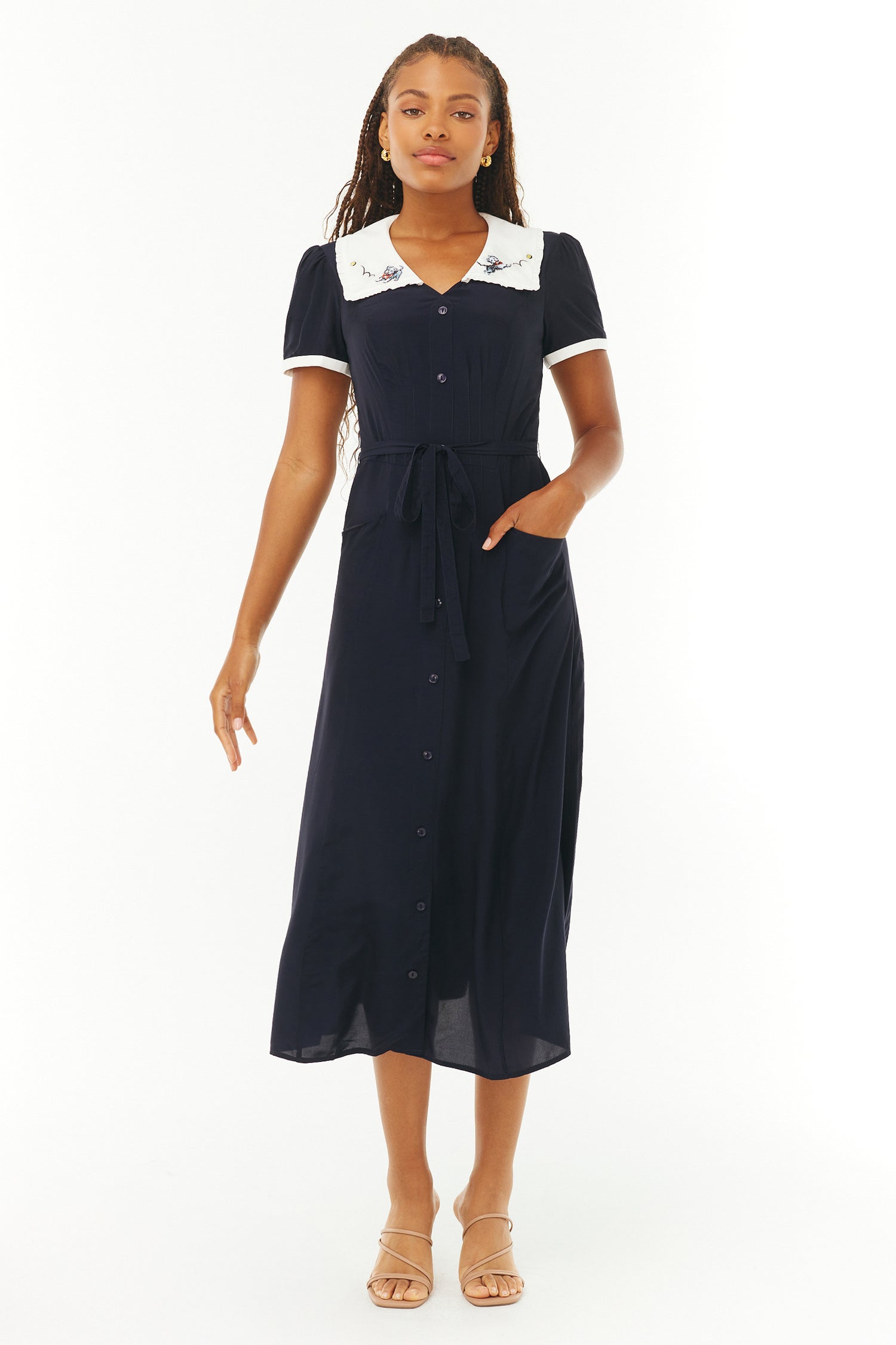 Embroidered Marina Collar Dress - Navy w. Puppy Embroidery HVN Embroidered Marina Collar Dress - Navy w. Puppy Embroidery HVN