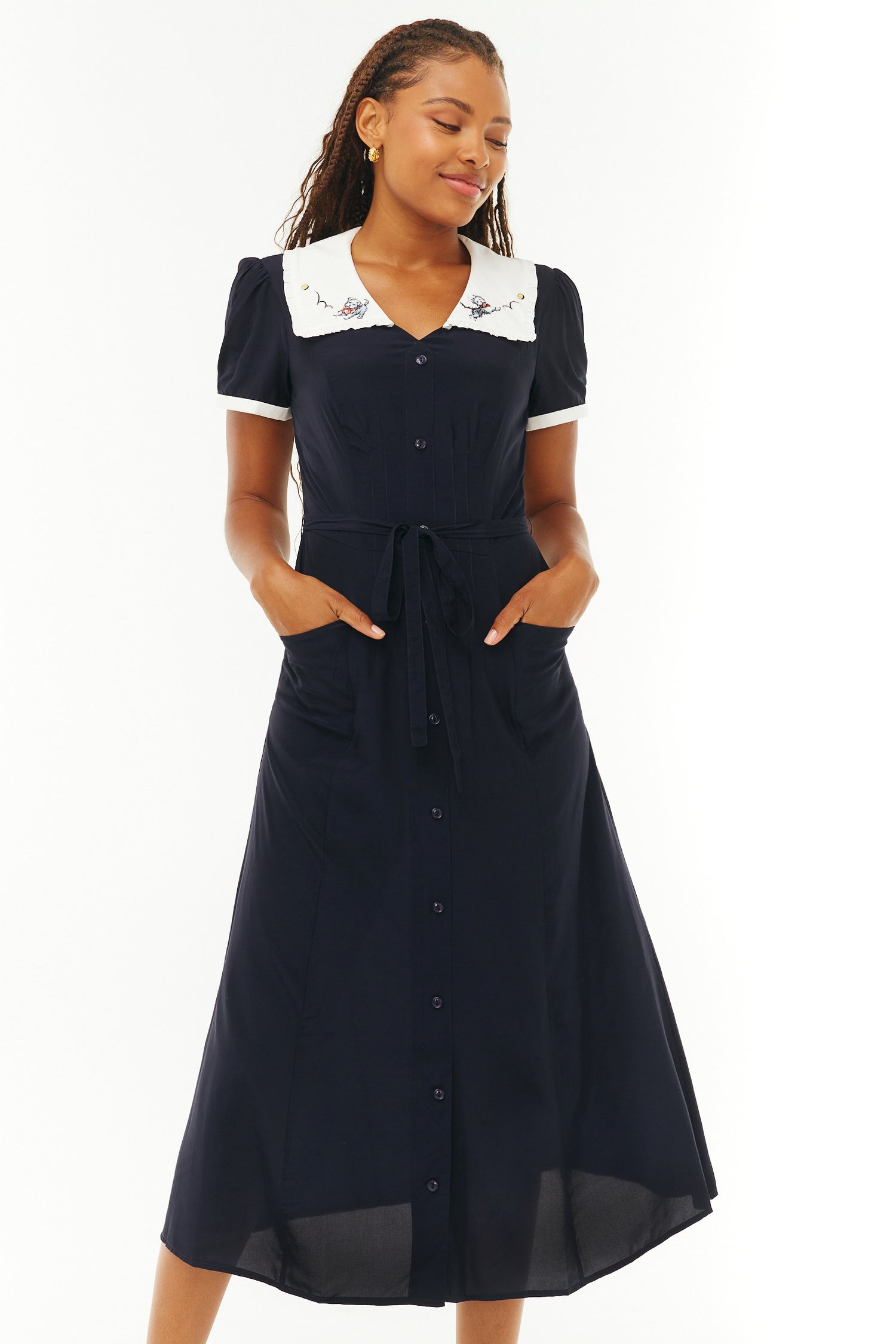 Embroidered Marina Collar Dress - Navy w. Puppy Embroidery HVN Embroidered Marina Collar Dress - Navy w. Puppy Embroidery HVN