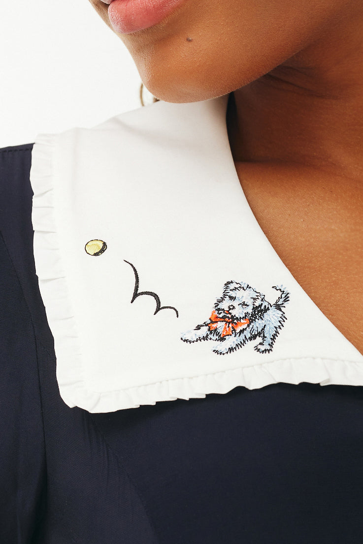 Embroidered Marina Collar Dress - Navy w. Puppy Embroidery 2 / Navy w. Puppy Embroidery Embroidered Marina Collar Dress - Navy w. Puppy Embroidery 2 / Navy w. Puppy Embroidery