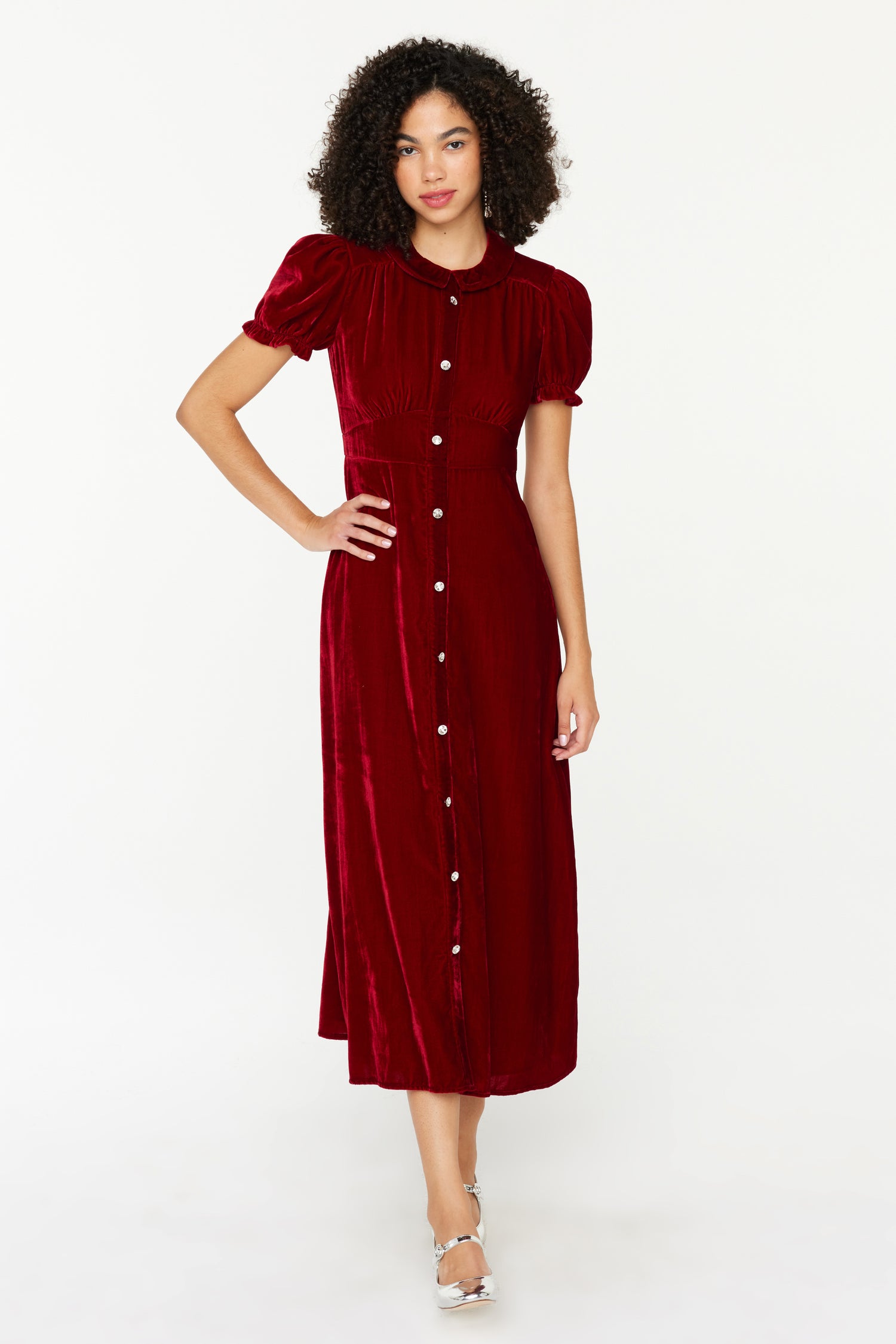 Velvet Riley Dress w. Collar - Deep Red w. Crystal Buttons 0 / Red Velvet Riley Dress w. Collar - Deep Red w. Crystal Buttons 0 / Red