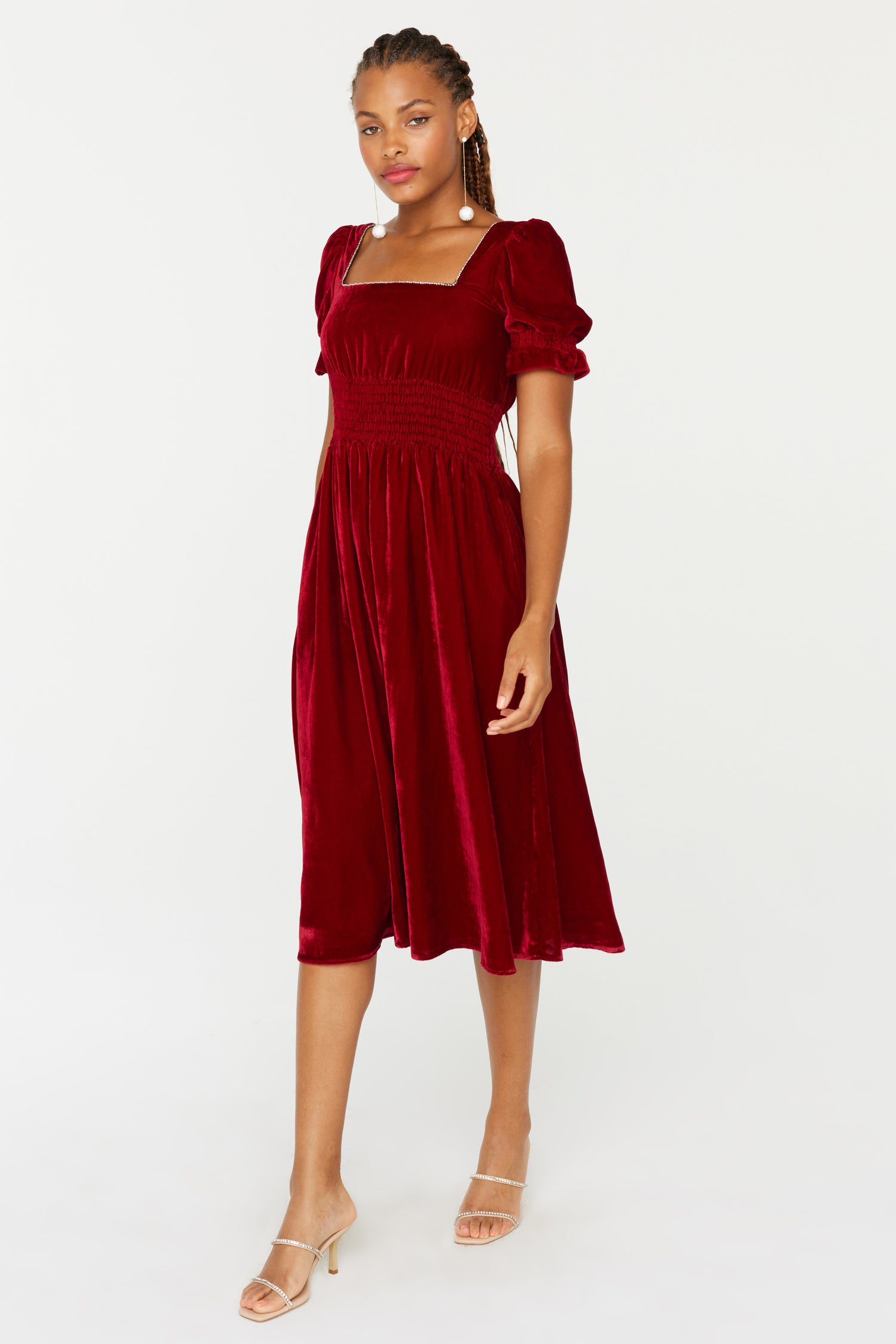 Smocked Holland Dress w. Rhinestone - Deep Red Velvet 10 / Red Smocked Holland Dress w. Rhinestone - Deep Red Velvet 10 / Red