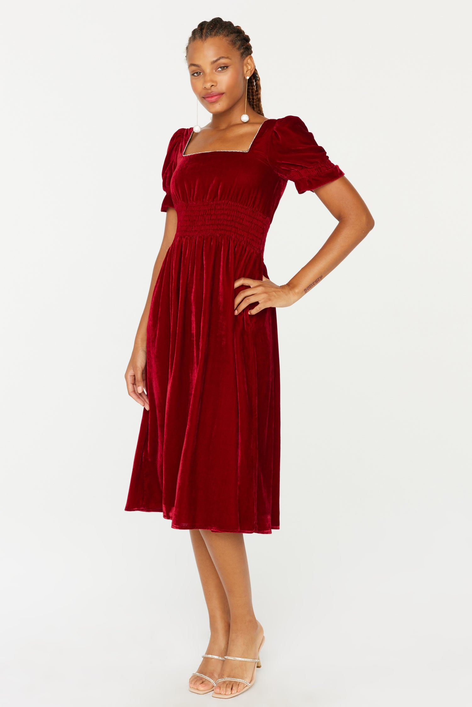 Smocked Holland Dress w. Rhinestone - Deep Red Velvet 10 / Red Smocked Holland Dress w. Rhinestone - Deep Red Velvet 10 / Red