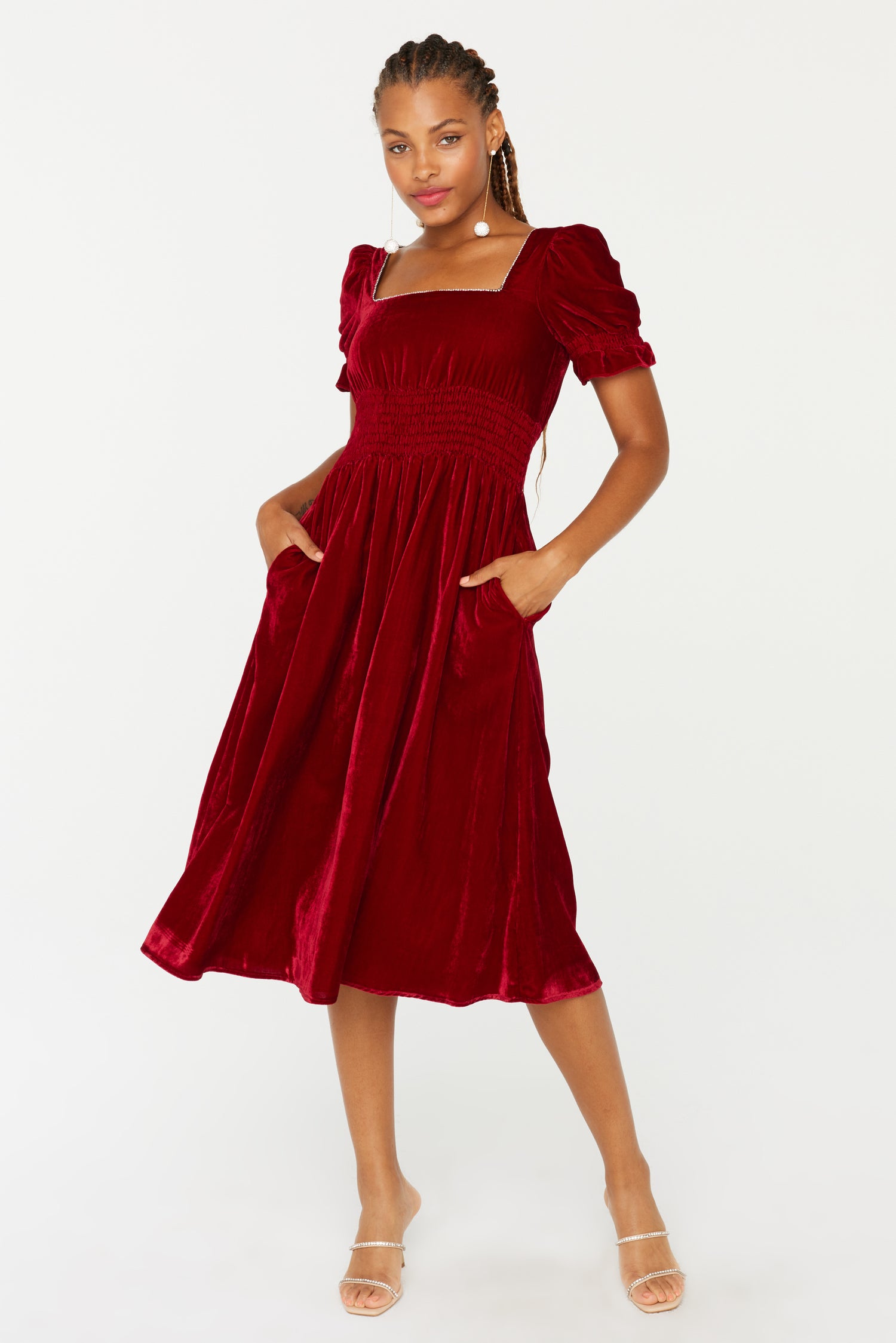 Smocked Holland Dress w. Rhinestone - Deep Red Velvet HVN Smocked Holland Dress w. Rhinestone - Deep Red Velvet HVN