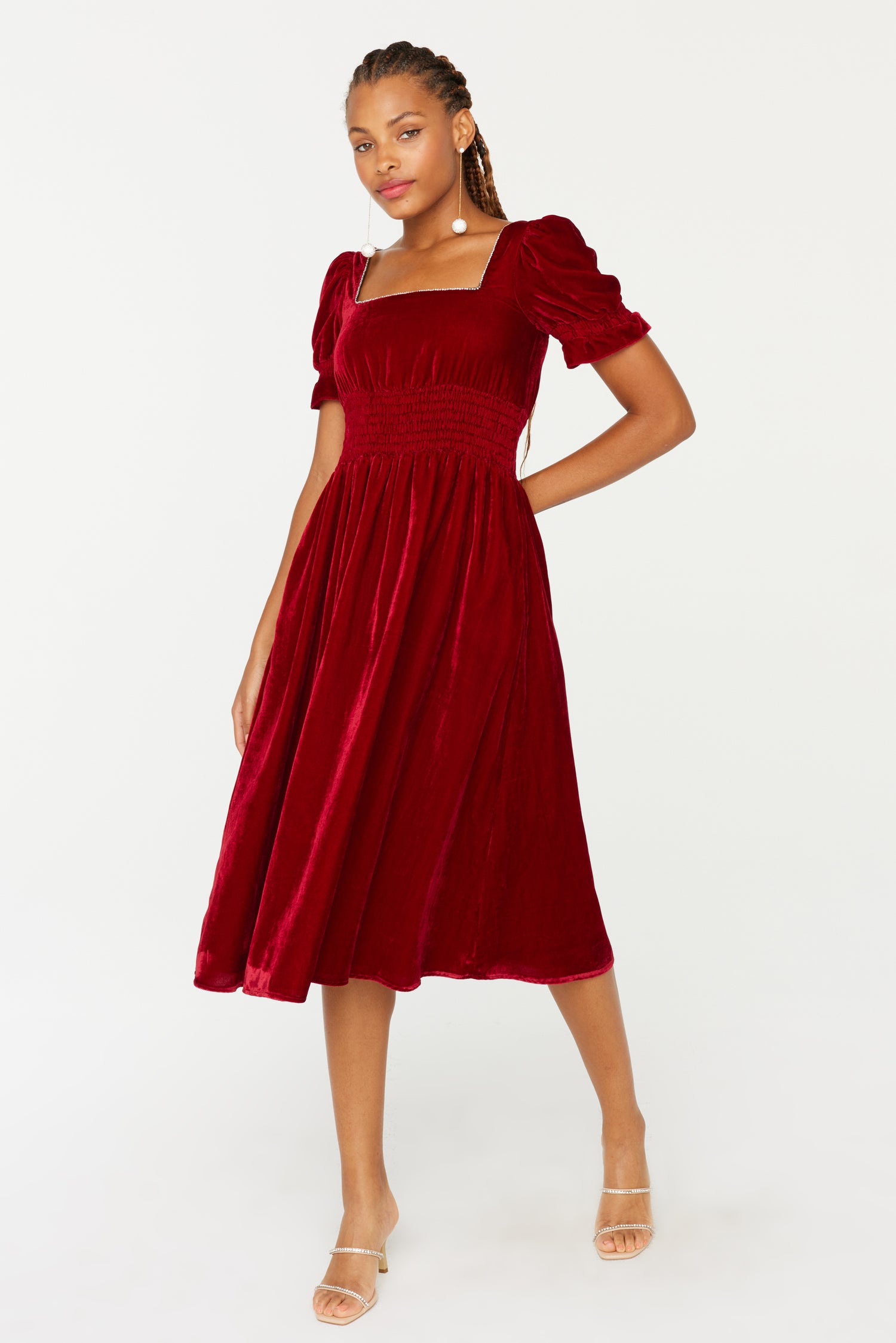 Smocked Holland Dress w. Rhinestone - Deep Red Velvet 10 / Red Smocked Holland Dress w. Rhinestone - Deep Red Velvet 10 / Red