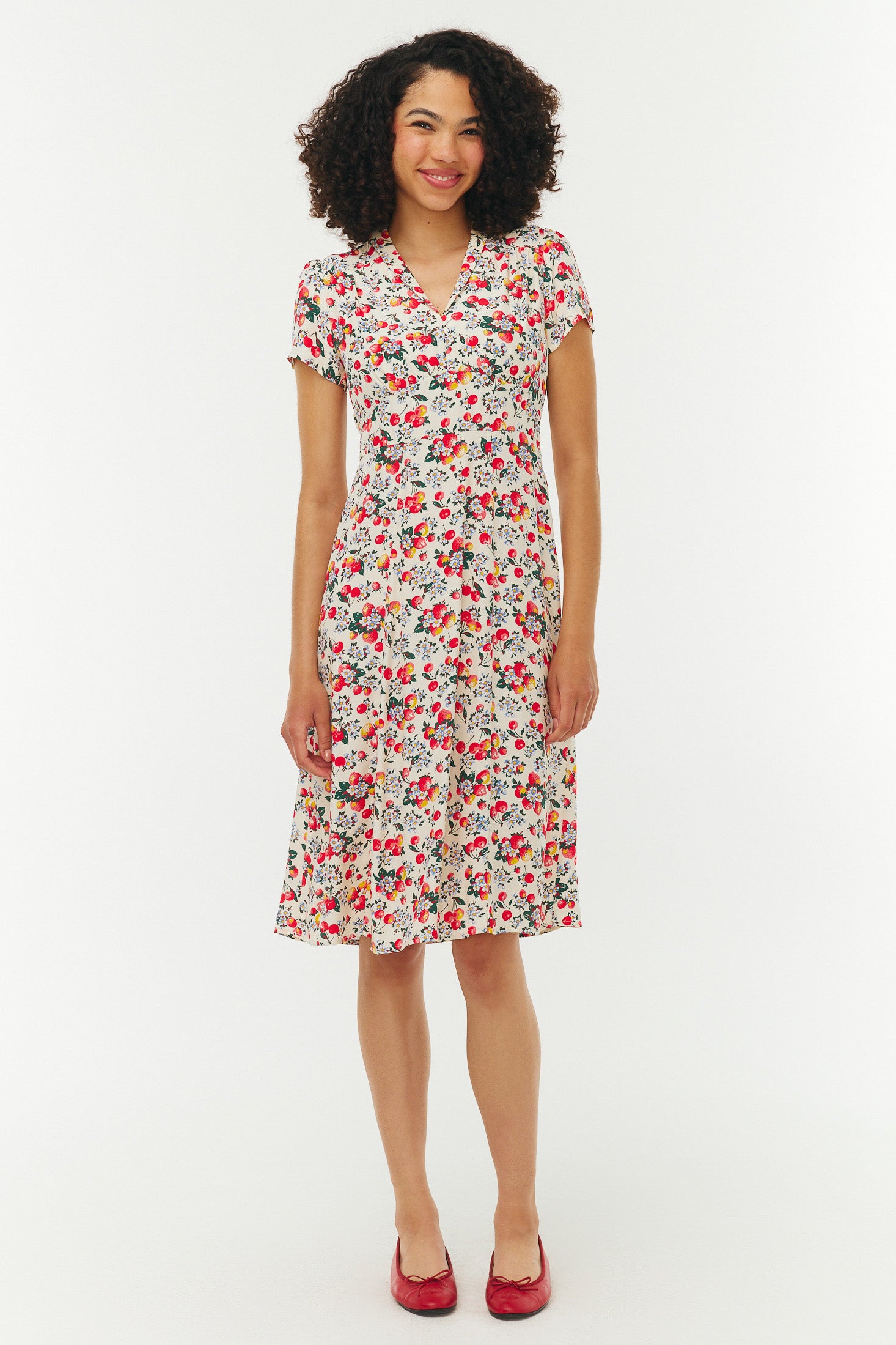 white dress with small red flowers Morgan Dress