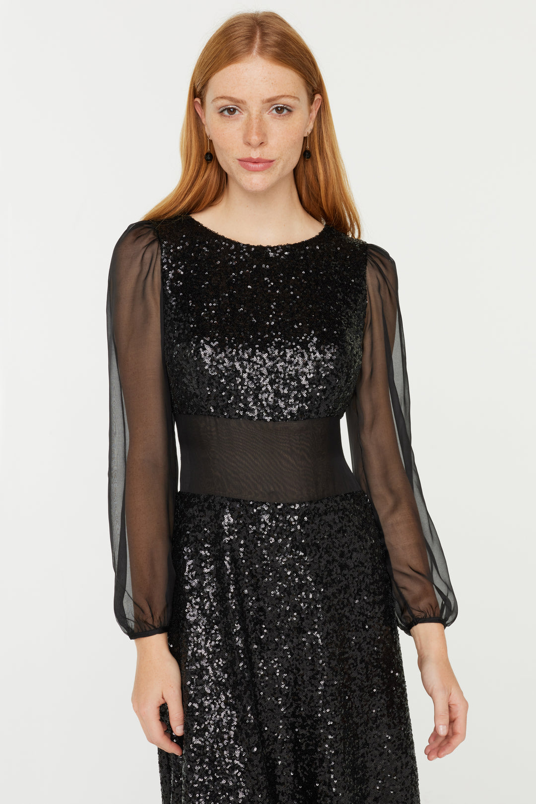 20280 Black-Silver Chiffon Layered Sequins Dress
