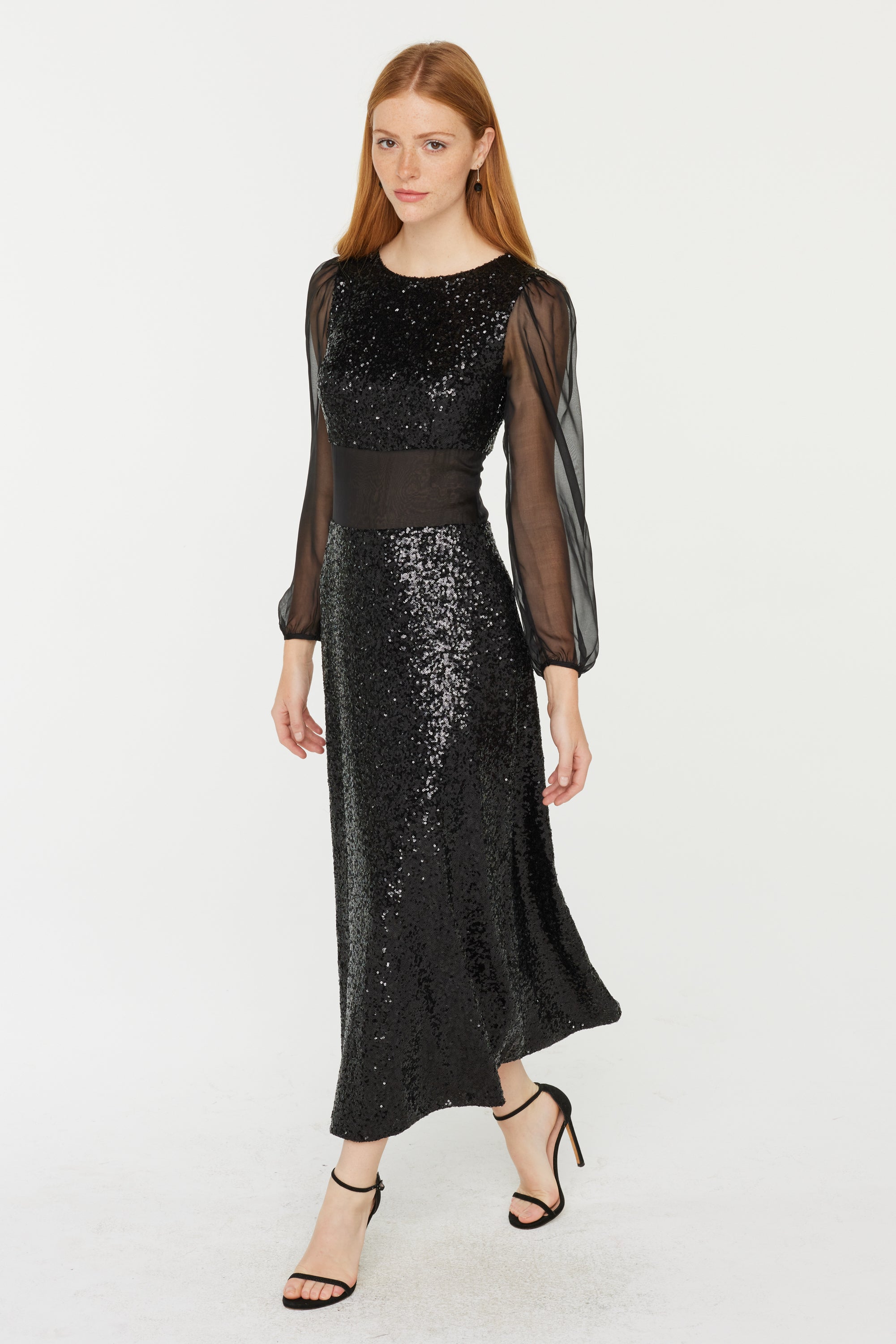9093 Black Sequined Chiffon Skirt Evening Dress