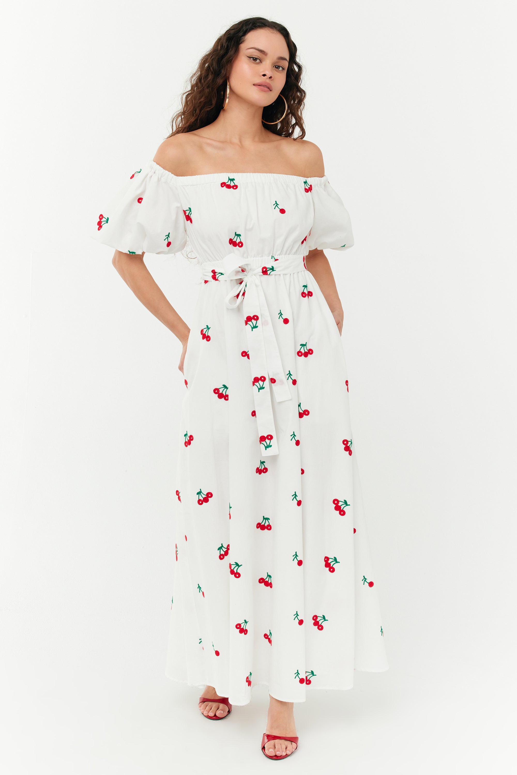 Madison Off the Shoulder Dress - Small Cherry Embroidery – HVN