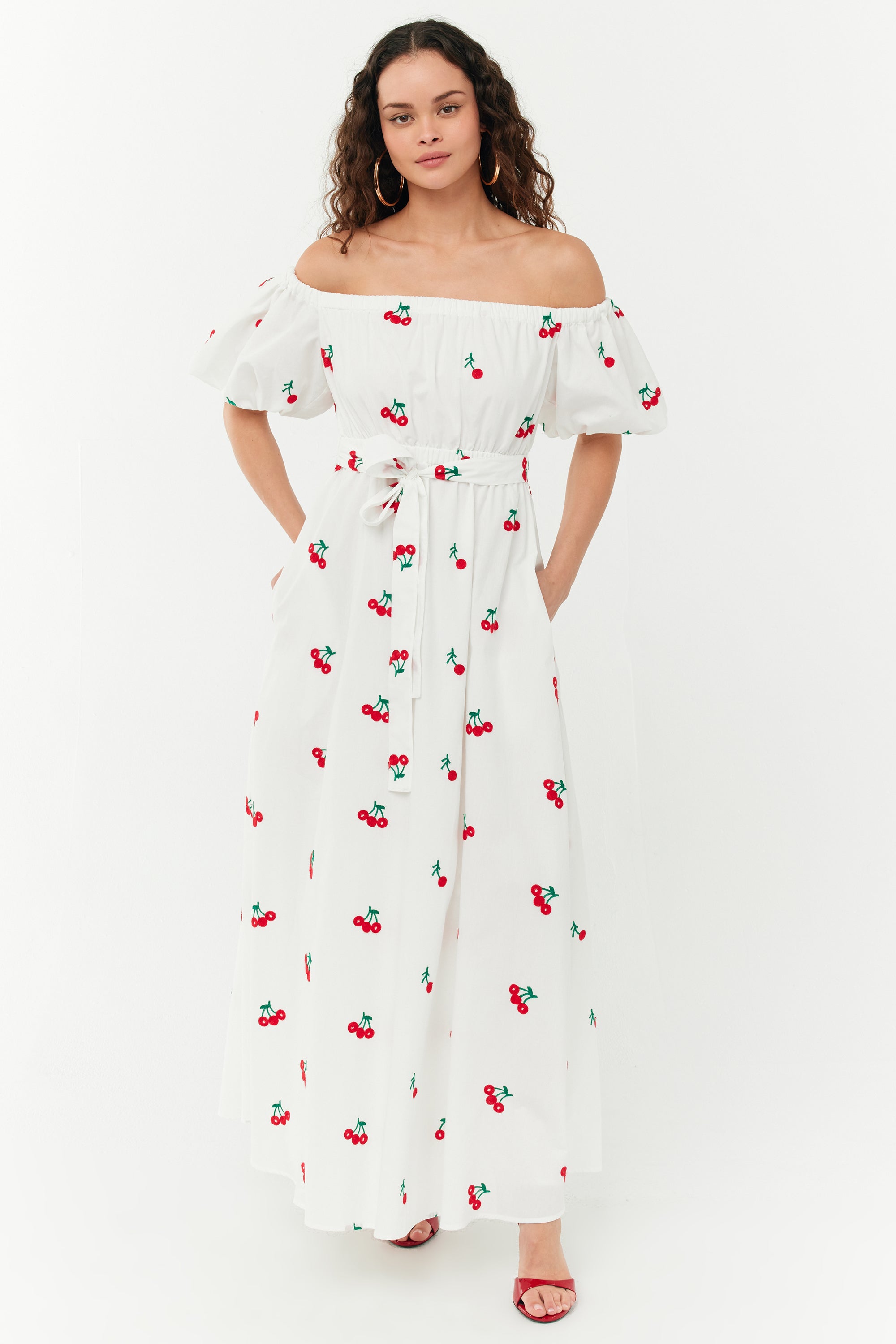 Madison Off the Shoulder Dress - Small Cherry Embroidery – HVN
