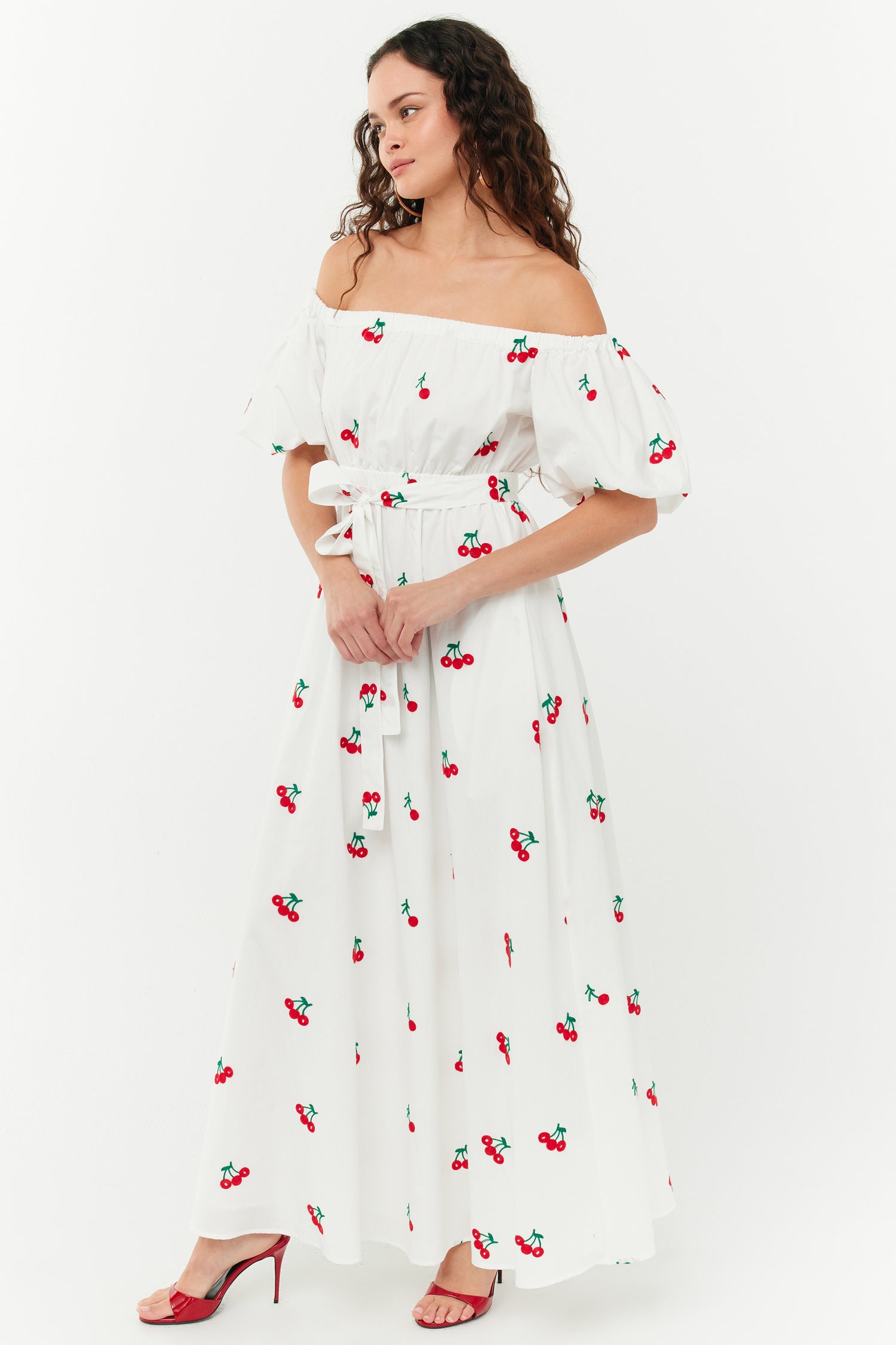 white dress red floral Madison Off the Shoulder Dress