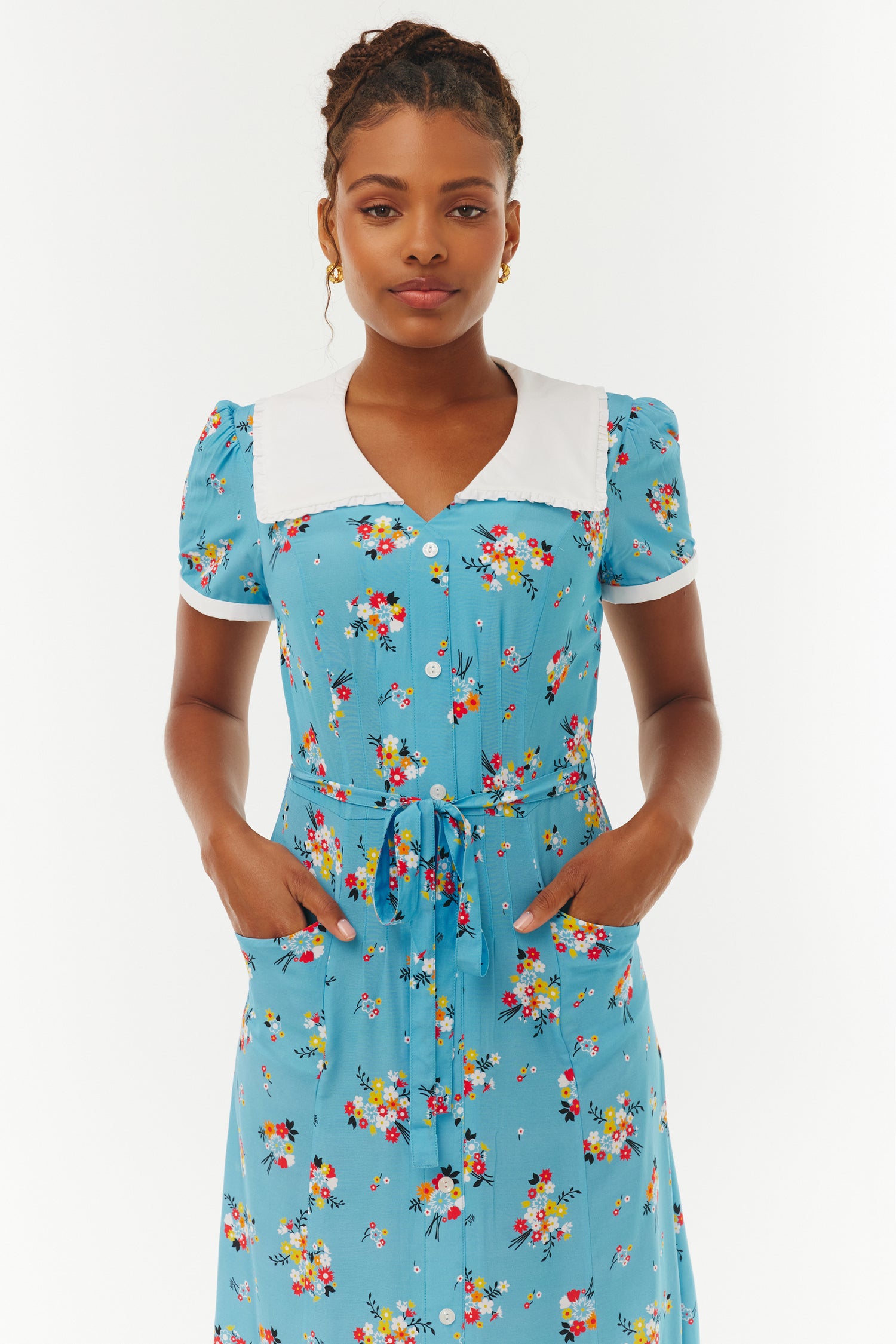 collar short sleeve dress Short Sleeve Seamed Puritan Collar Dress | Noir Navy | S