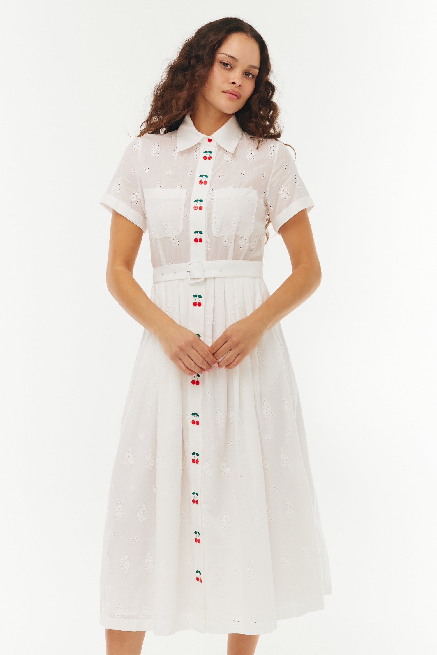 white dress with brown buttons Audrey Button Mini Dress LEIN
