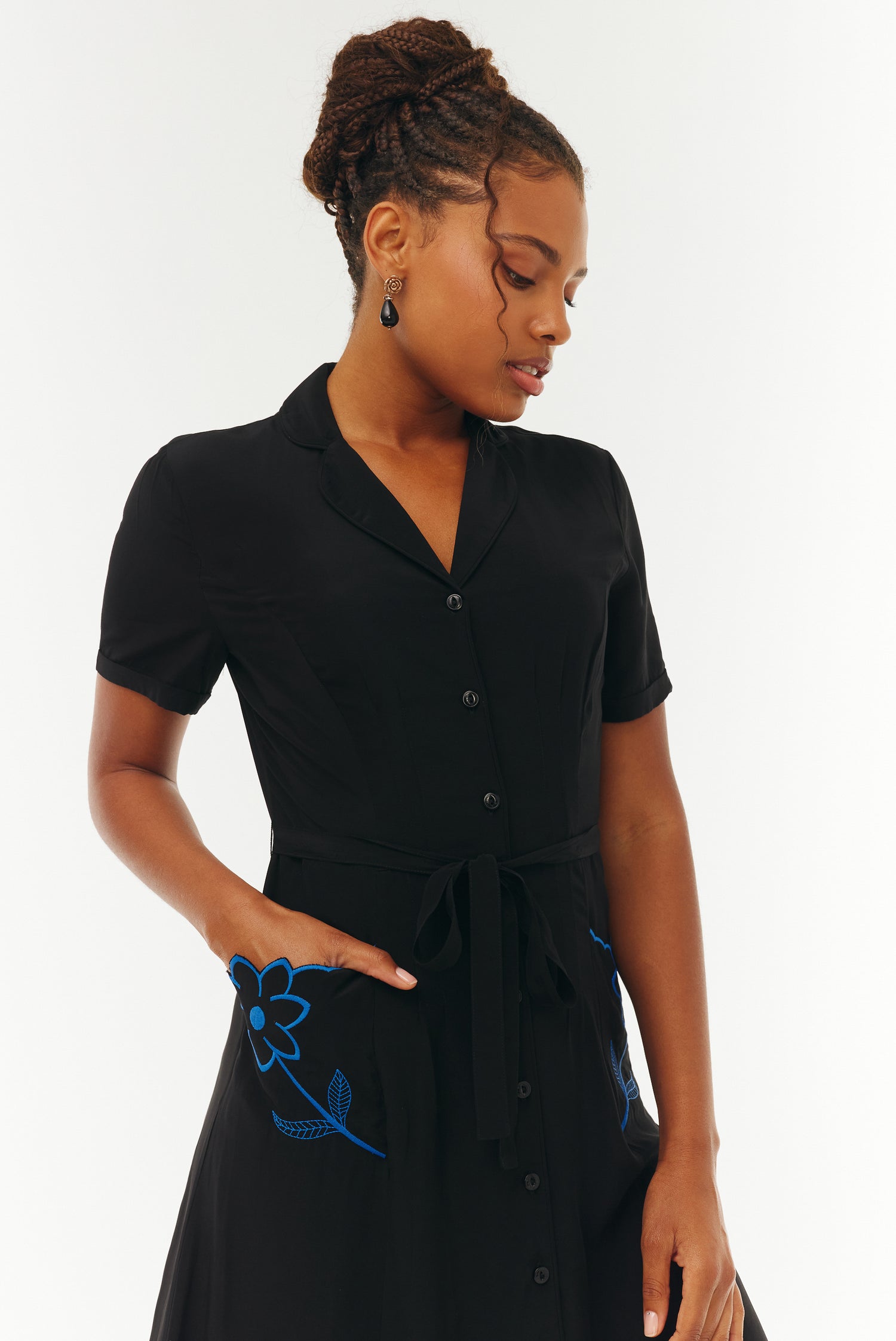 Long Maria Dress - Black w. Floral embroidery HVN Long Maria Dress - Black w. Floral embroidery HVN