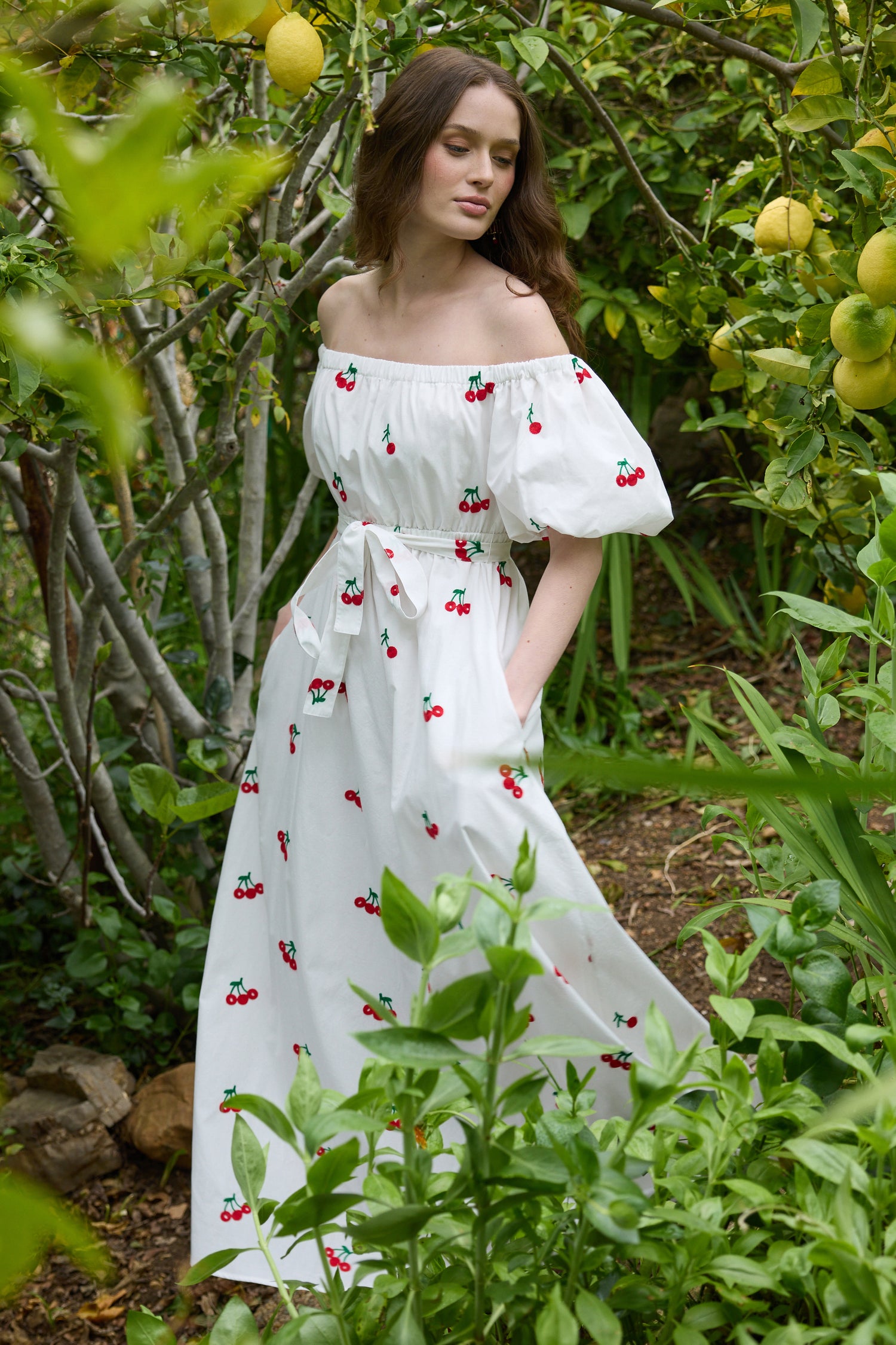 Madison Off the Shoulder Dress - Small Cherry Embroidery HVN Madison Off the Shoulder Dress - Small Cherry Embroidery HVN