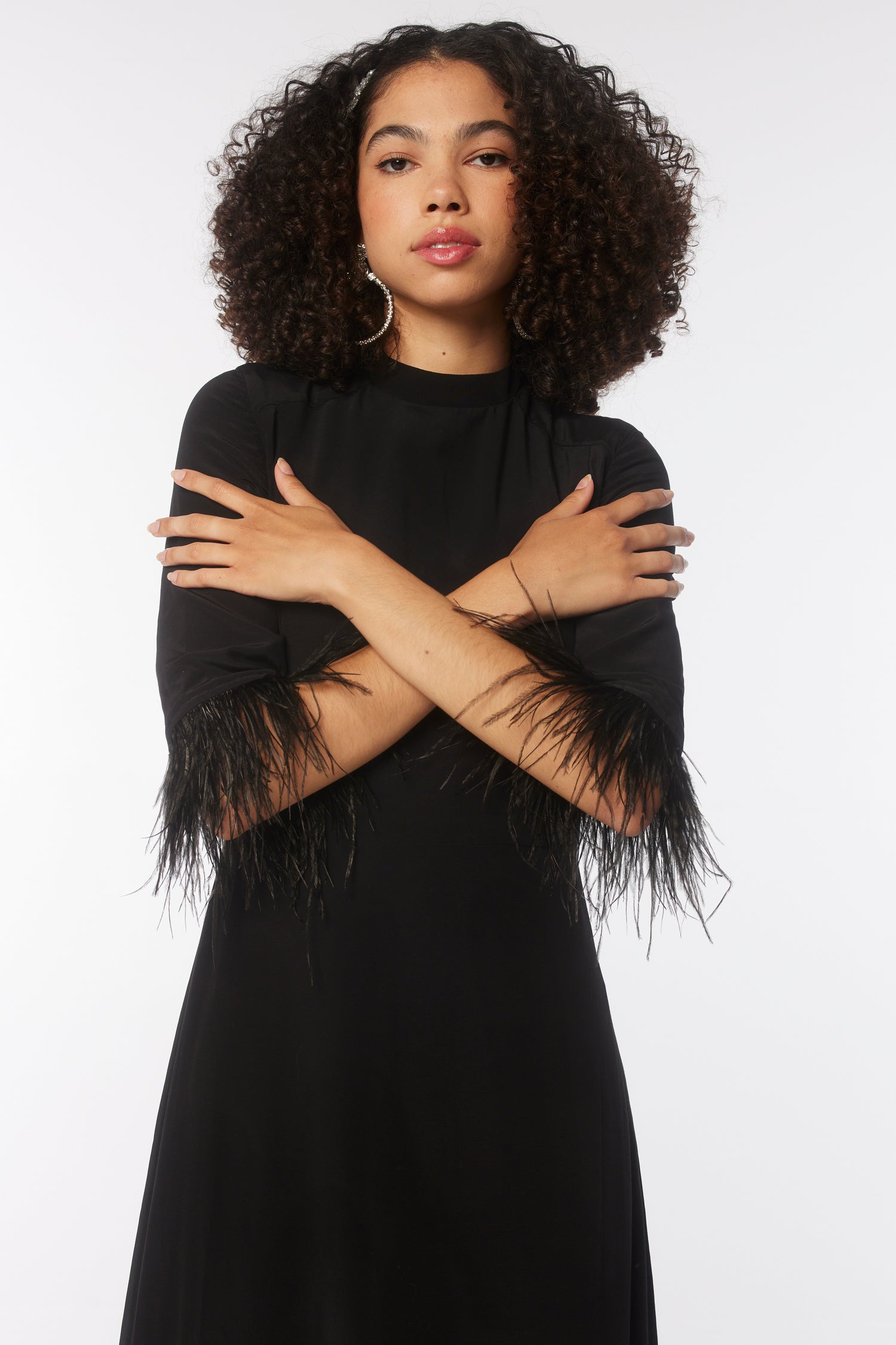 Long Ashley Dress w. Feather Trim - Black HVN Long Ashley Dress w. Feather Trim - Black HVN