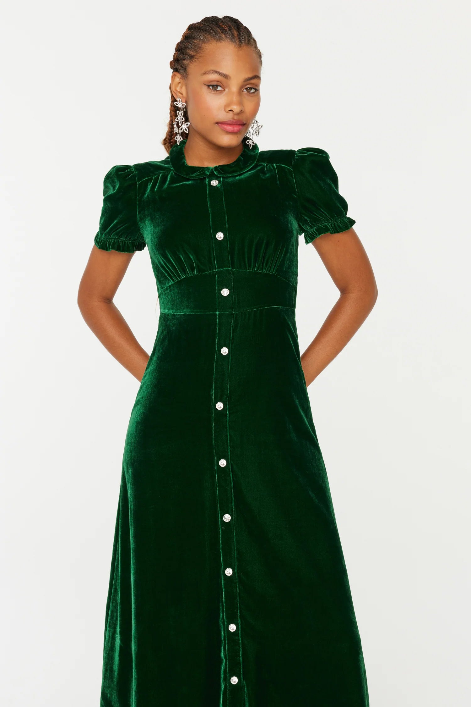 Filvoir〈フィルボワール〉Maria dress/グリーン Velvet Riley Dress w. Collar - Green w. Crystal Buttons – HVN