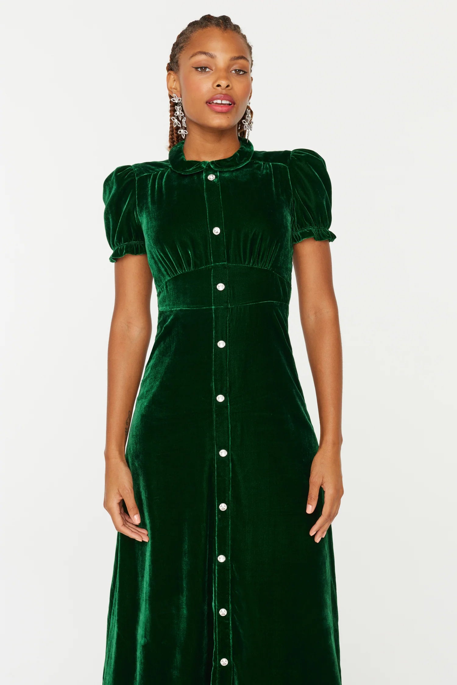 Velvet Riley Dress w. Collar - Green w. Crystal Buttons 10 / Green Velvet Riley Dress w. Collar - Green w. Crystal Buttons 10 / Green