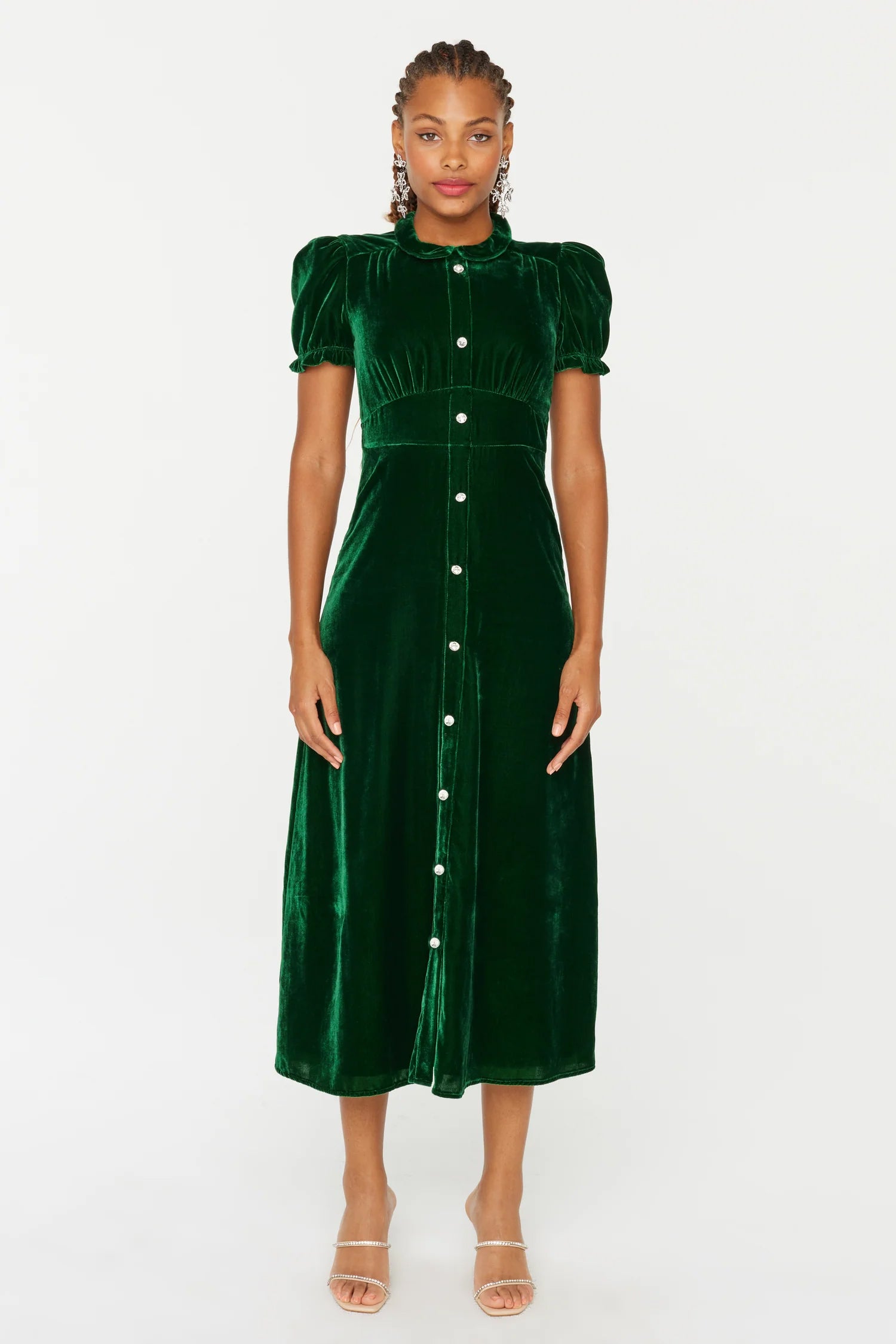 Velvet Riley Dress w. Collar - Green w. Crystal Buttons HVN Velvet Riley Dress w. Collar - Green w. Crystal Buttons HVN