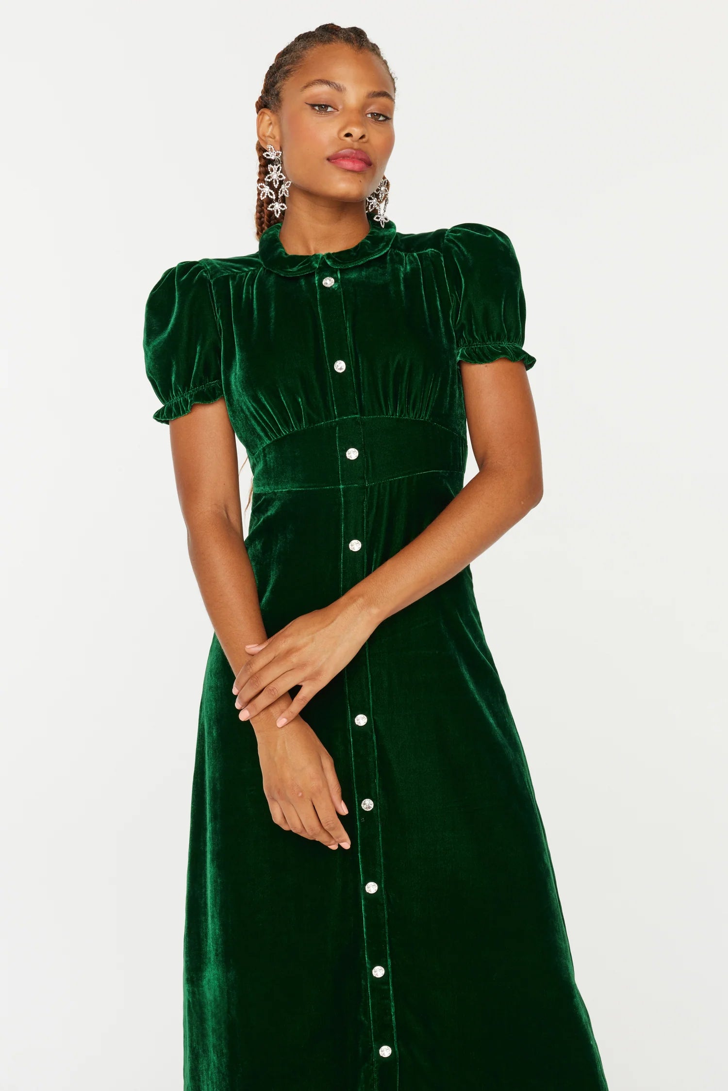 Velvet Riley Dress w. Collar - Green w. Crystal Buttons 10 / Green Velvet Riley Dress w. Collar - Green w. Crystal Buttons 10 / Green