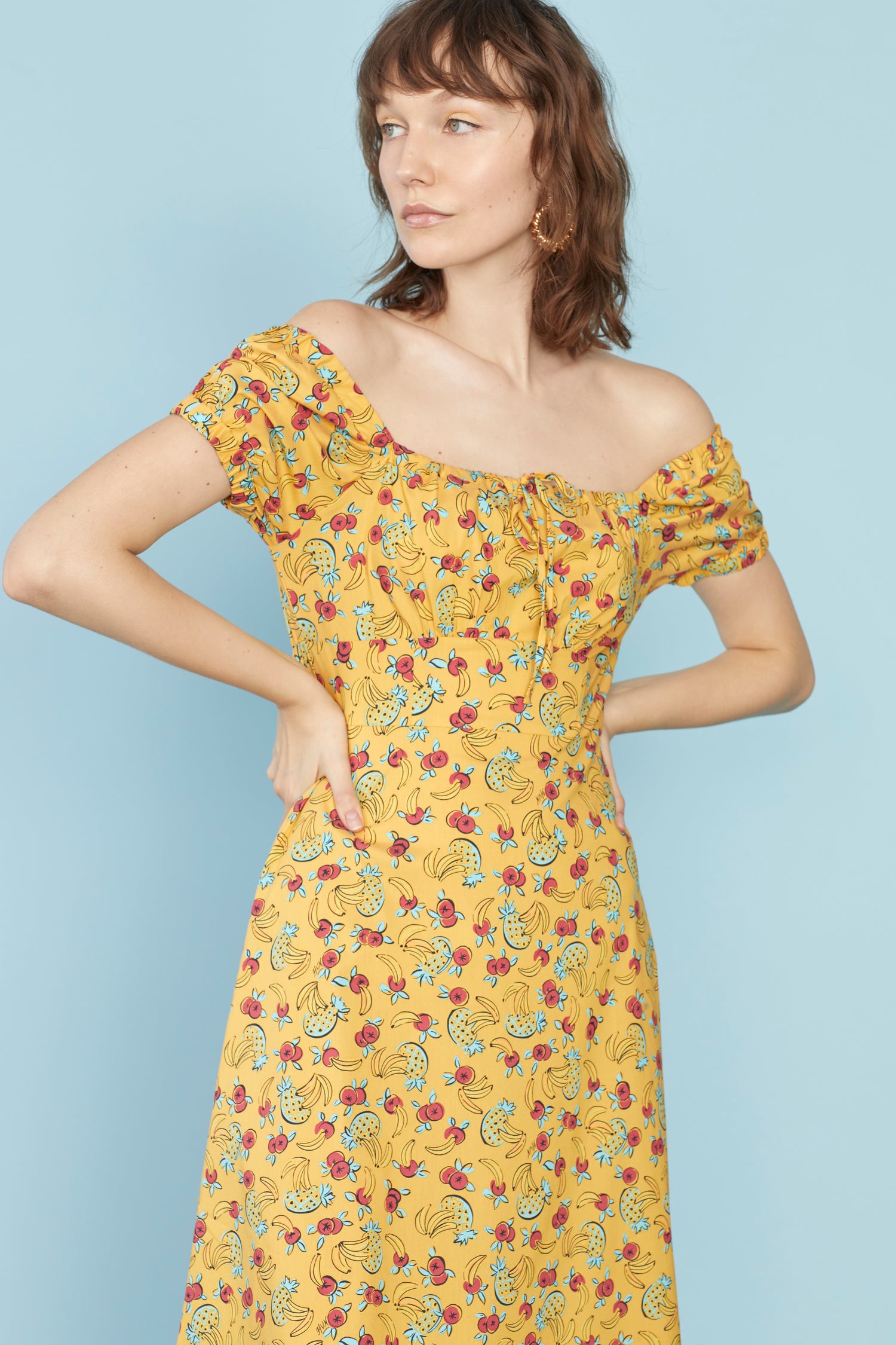 Yellow Tropical Fruit Holland Bow Tie Cotton Dress