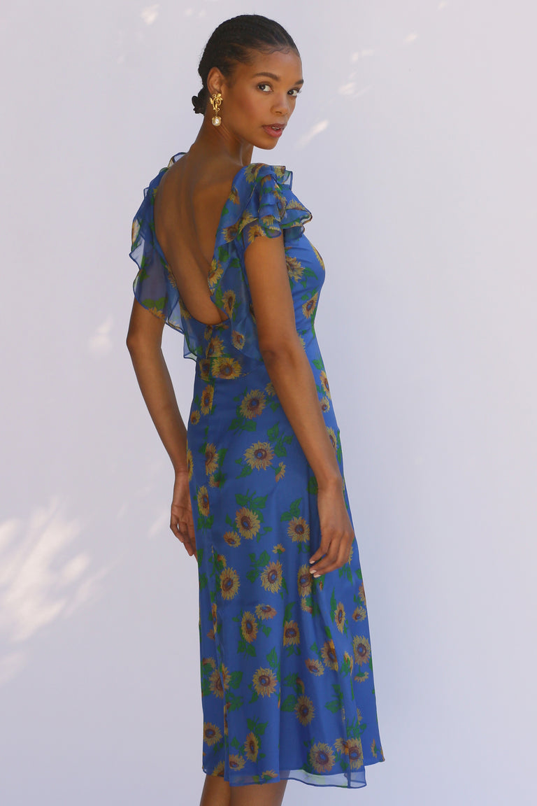 Kathryn Low Back Ruffle Dress - Blue Sunflower – HVN